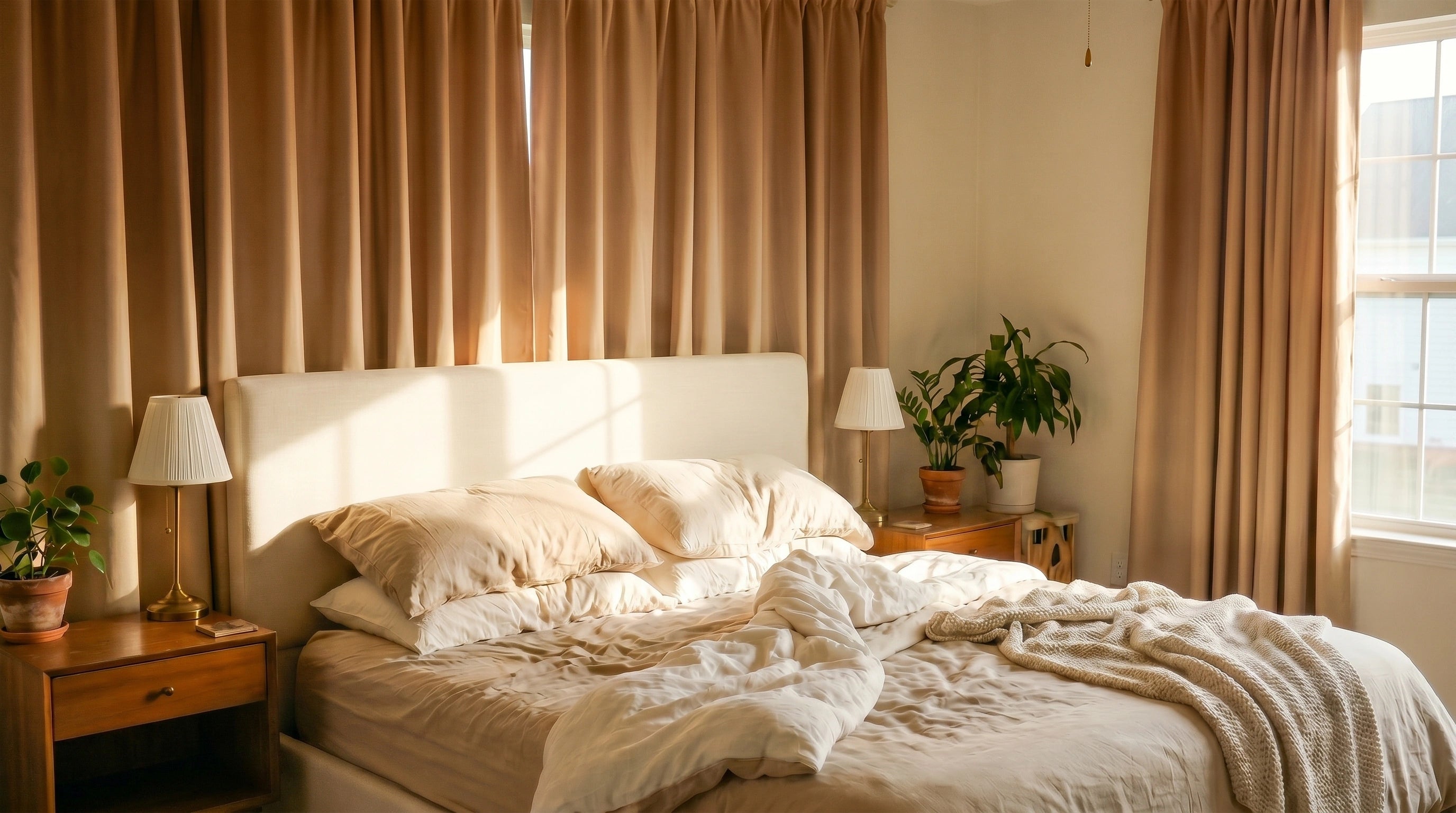 Custom bedroom curtains in warm beige fabric, styled with full length pleats for privacy, soft daylight, and cozy bedroom window coverage.