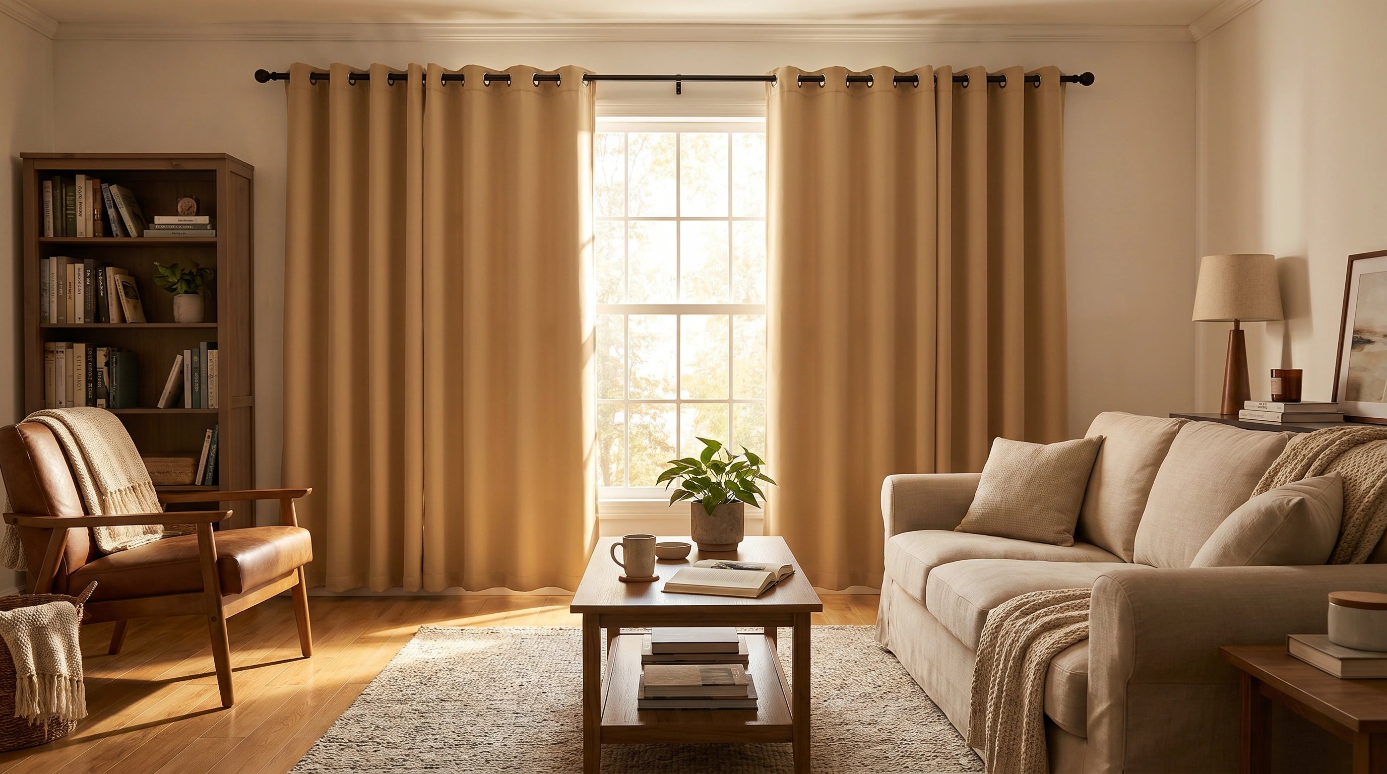 Beige grommet top curtains for living room windows, offering soft light control, room privacy, and affordable modern curtain styling.