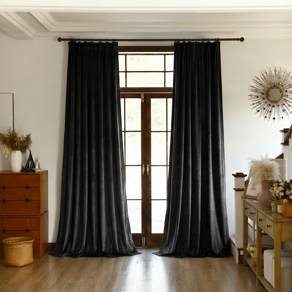 Black velvet blackout curtains by DWCN Official, showcasing a sleek, plush fabric that blocks light effectively.