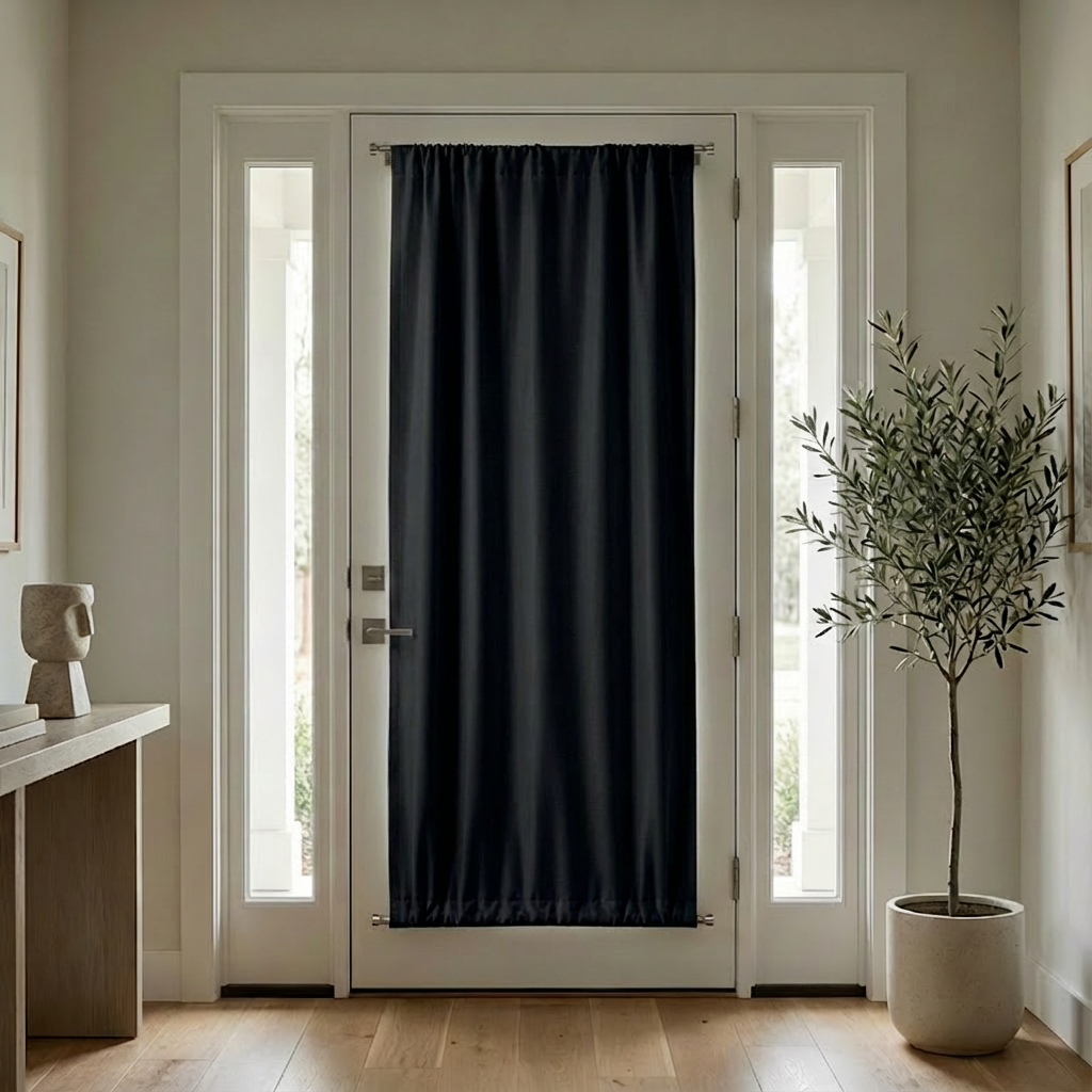 Luxury silk-fiber black French door blackout curtains by DWCN Official, featuring a sleek black fabric and elegant design.