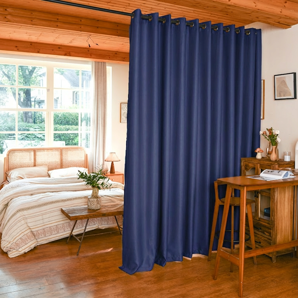 Blue custom luxury silk fibers blackout room divider curtains by DWCN Official hanging in a stylish room.