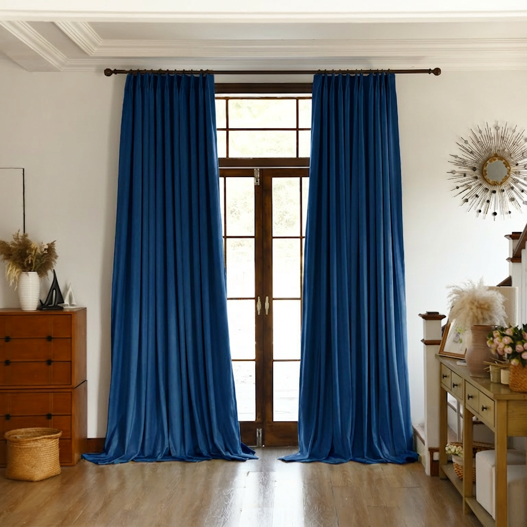 Blue custom premium velvet blackout curtains by DWCN Official hanging on a window, showcasing their luxurious fabric and blackout features.