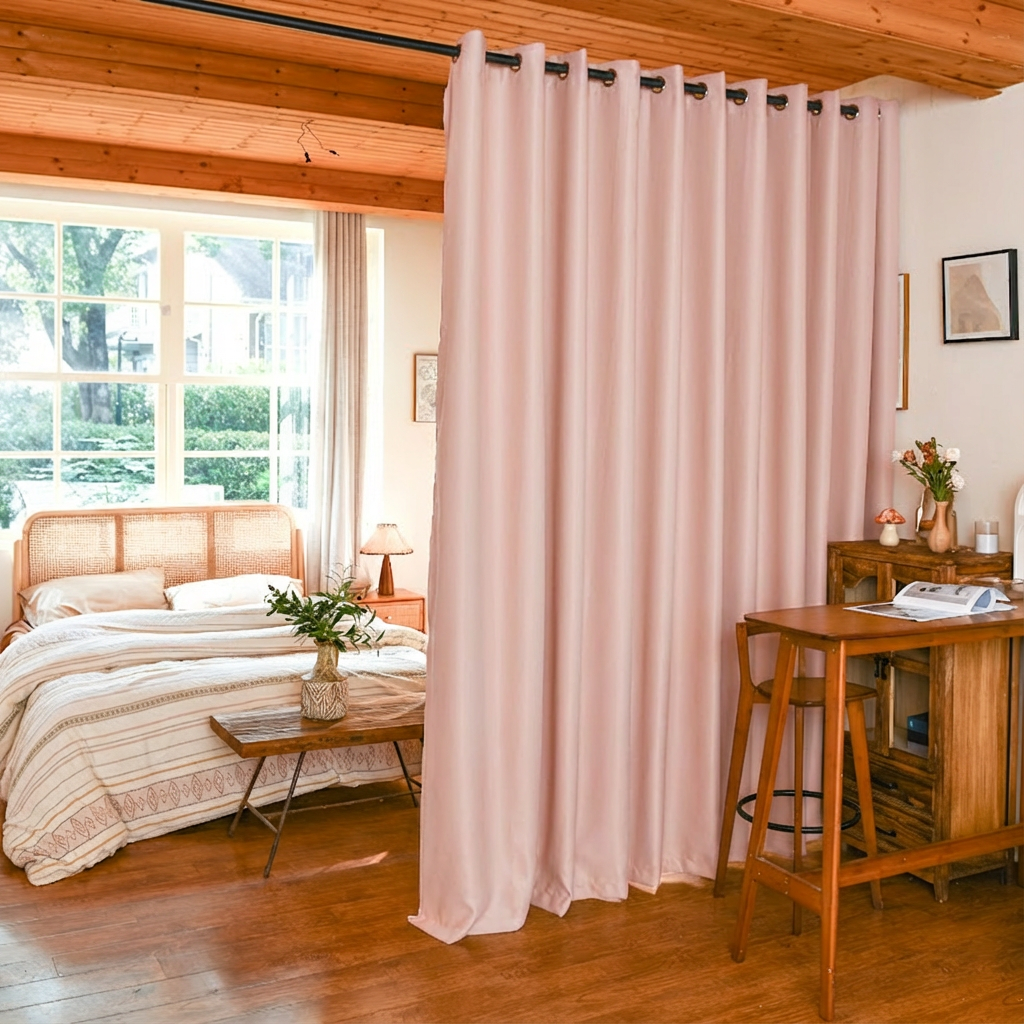 Blush pink custom luxury silk fibers blackout room divider curtains from DWCN Official, showcasing soft fabric and elegant design.