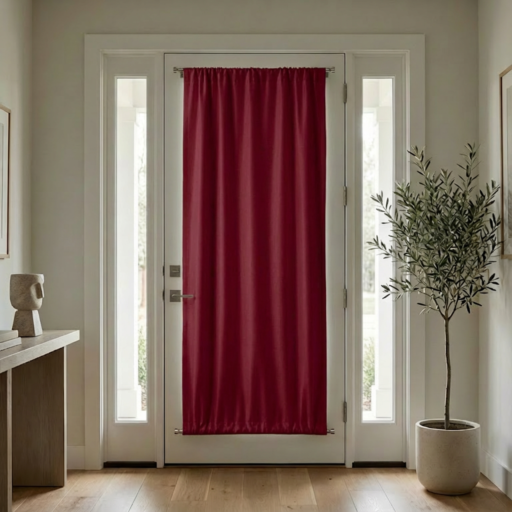 Luxury silk-fiber French door blackout curtains in deep burgundy red by DWCN Official, designed for elegant light control.