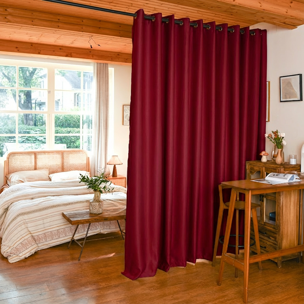 Blackout room divider curtains made from custom luxury silk fibers in deep burgundy, by DWCN Official.