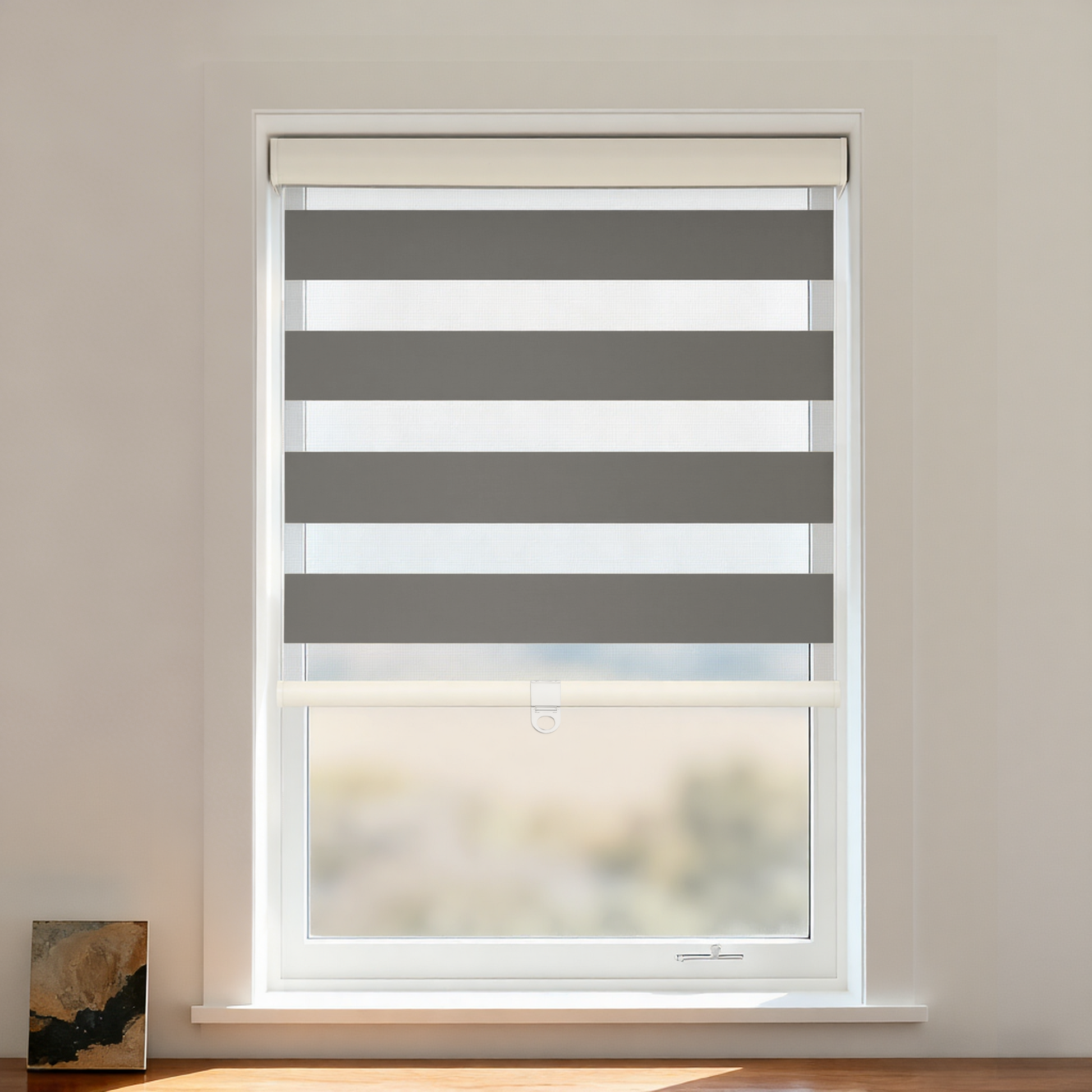 DWCN Official black blackout zebra shade cordless window treatment with adjustable black and white striped fabric for light control.