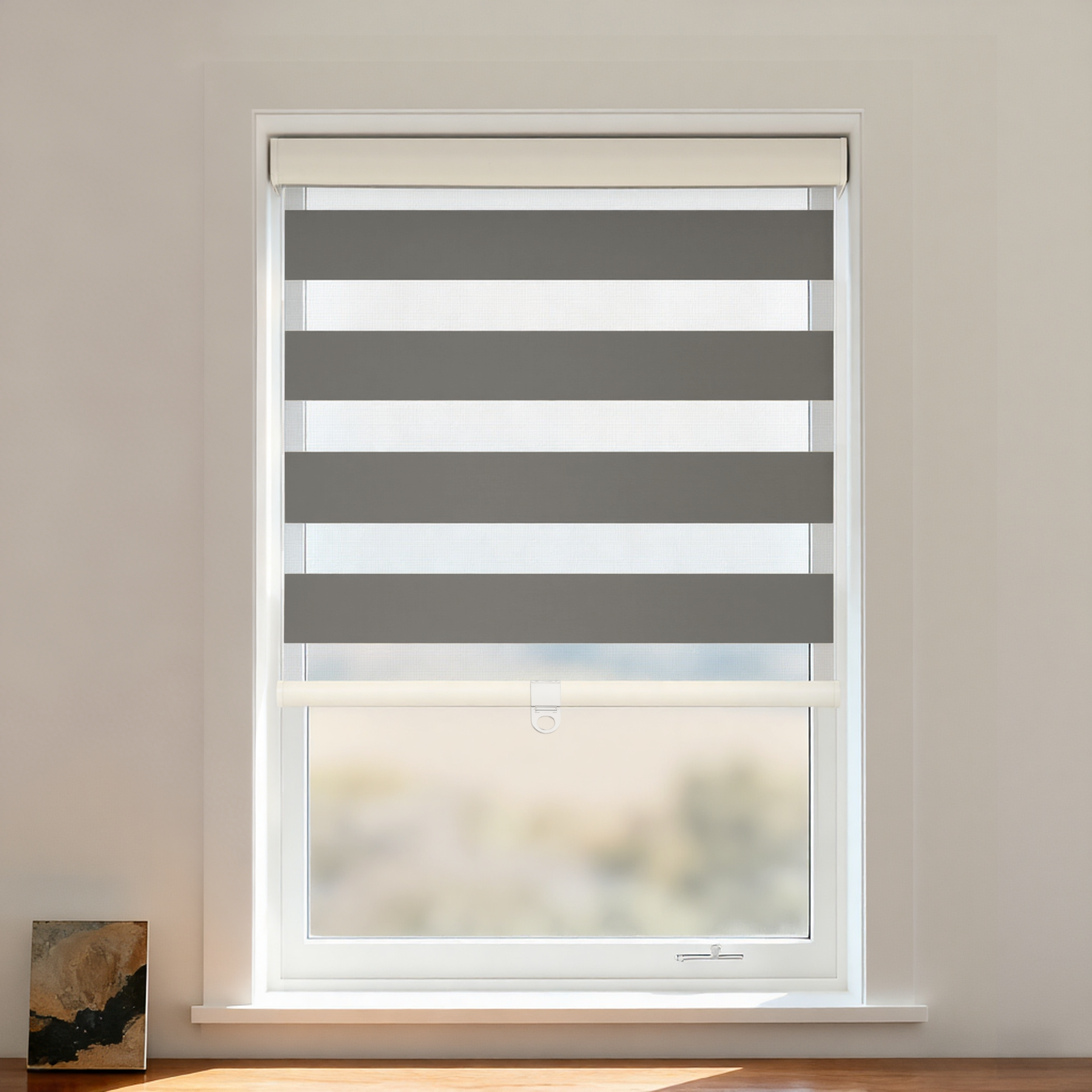 DWCN Official black blackout zebra shade cordless window treatment with adjustable black and white striped fabric for light control.