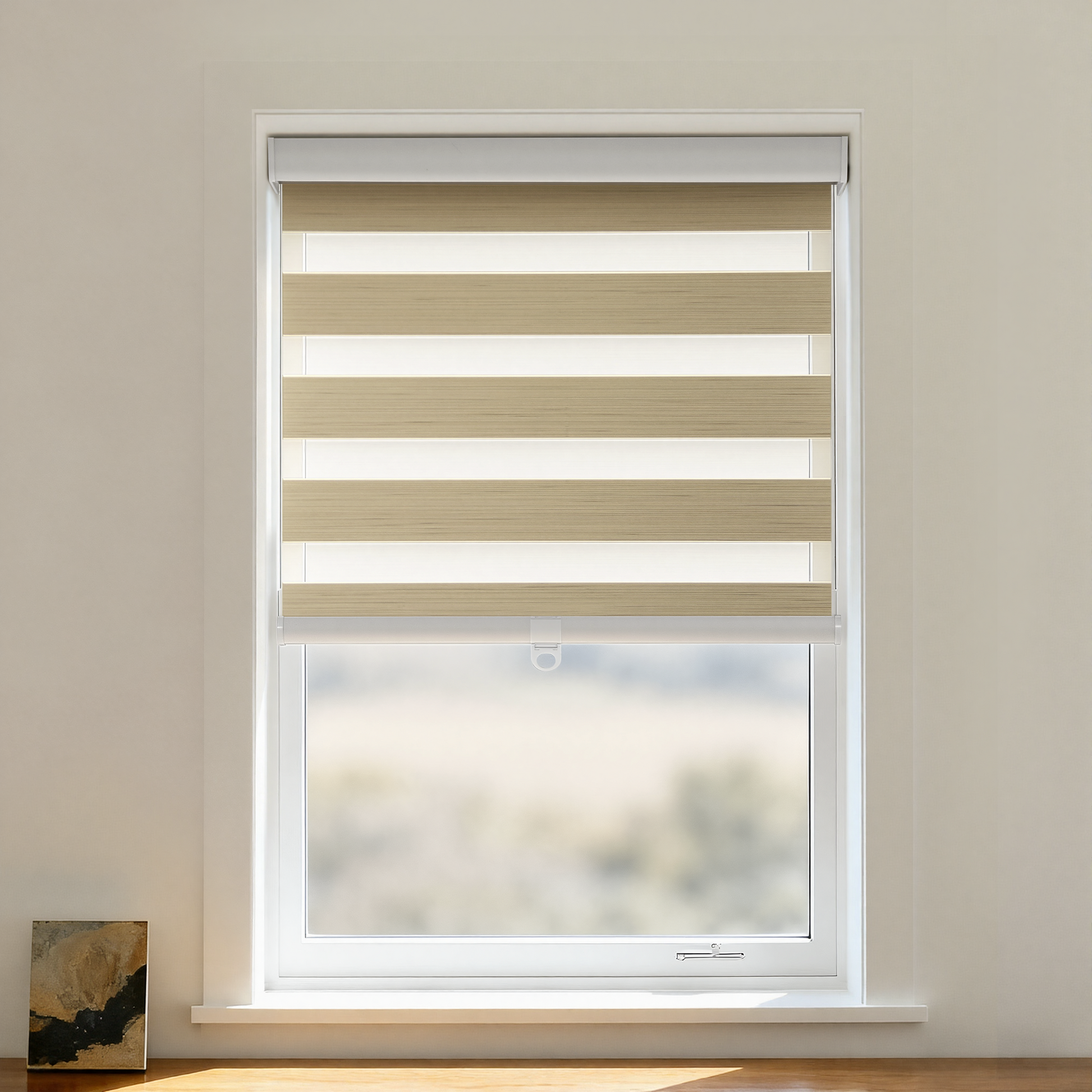 Black cordless zebra shade by DWCN Official, with black and white zebra stripe pattern, providing stylish blackout window coverage.