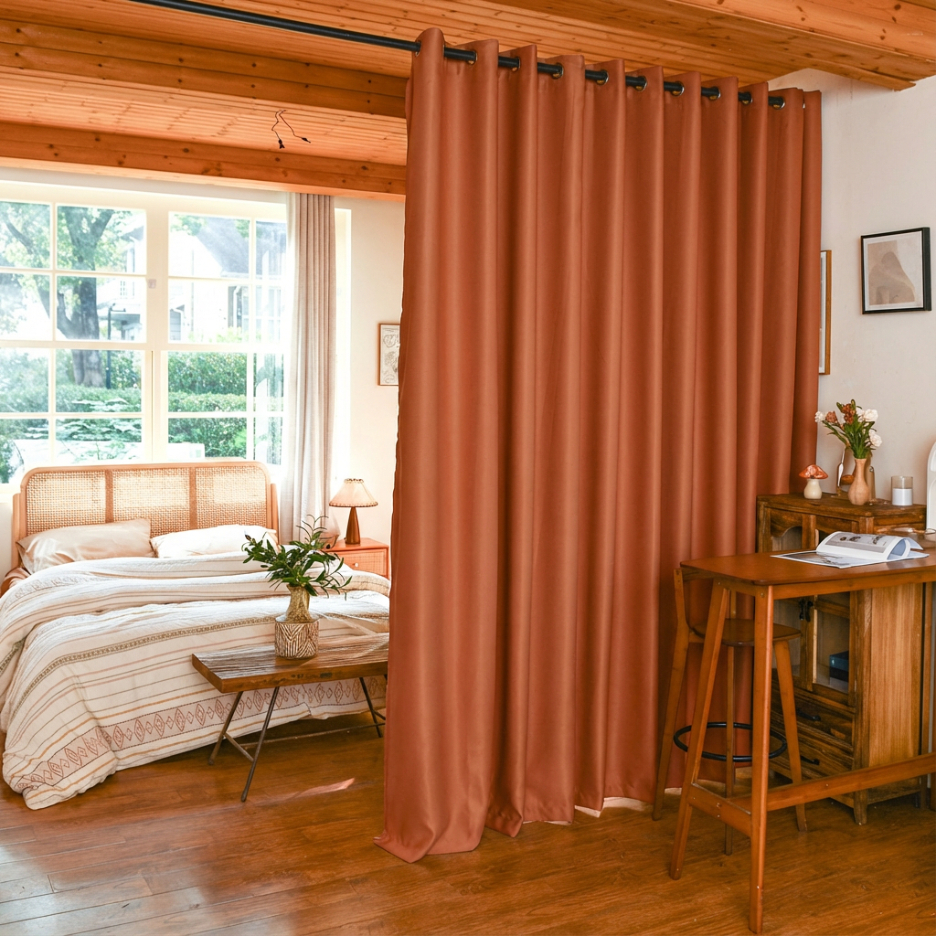 Black luxury silk fibers blackout room divider curtains with caramel accents, custom-designed by DWCN Official for elegant privacy.