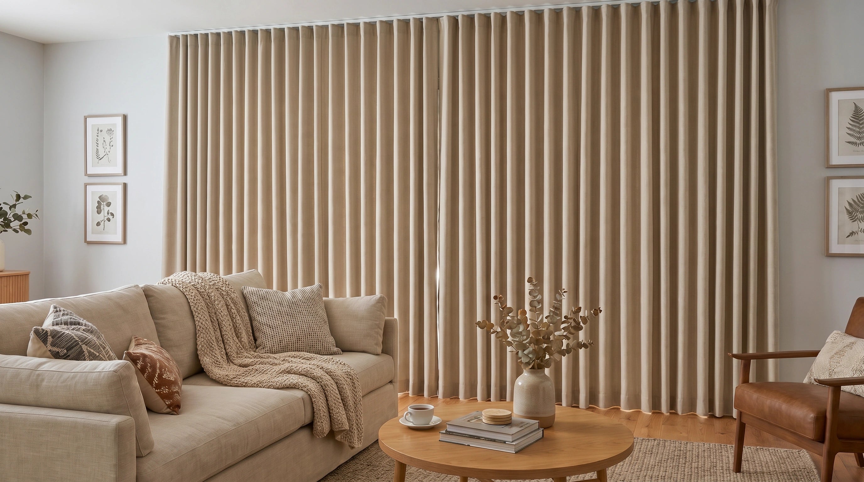 Custom window curtains for living room, featuring beige full length pleats, room privacy, soft light control, and modern neutral decor.