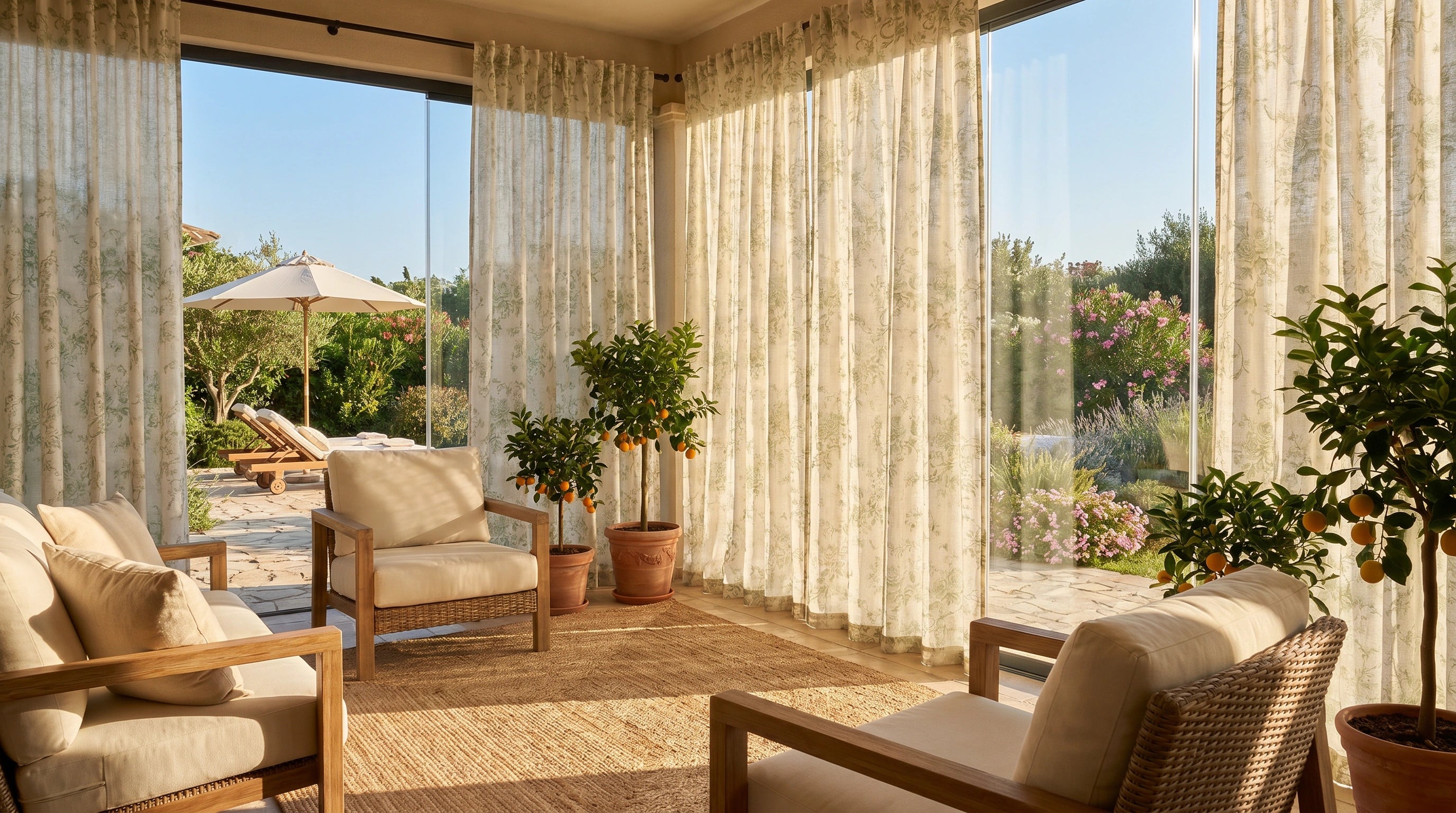 Floral sheer curtains for sunroom windows, with patterned linen fabric, soft filtered sunlight, garden views, and relaxed indoor privacy.