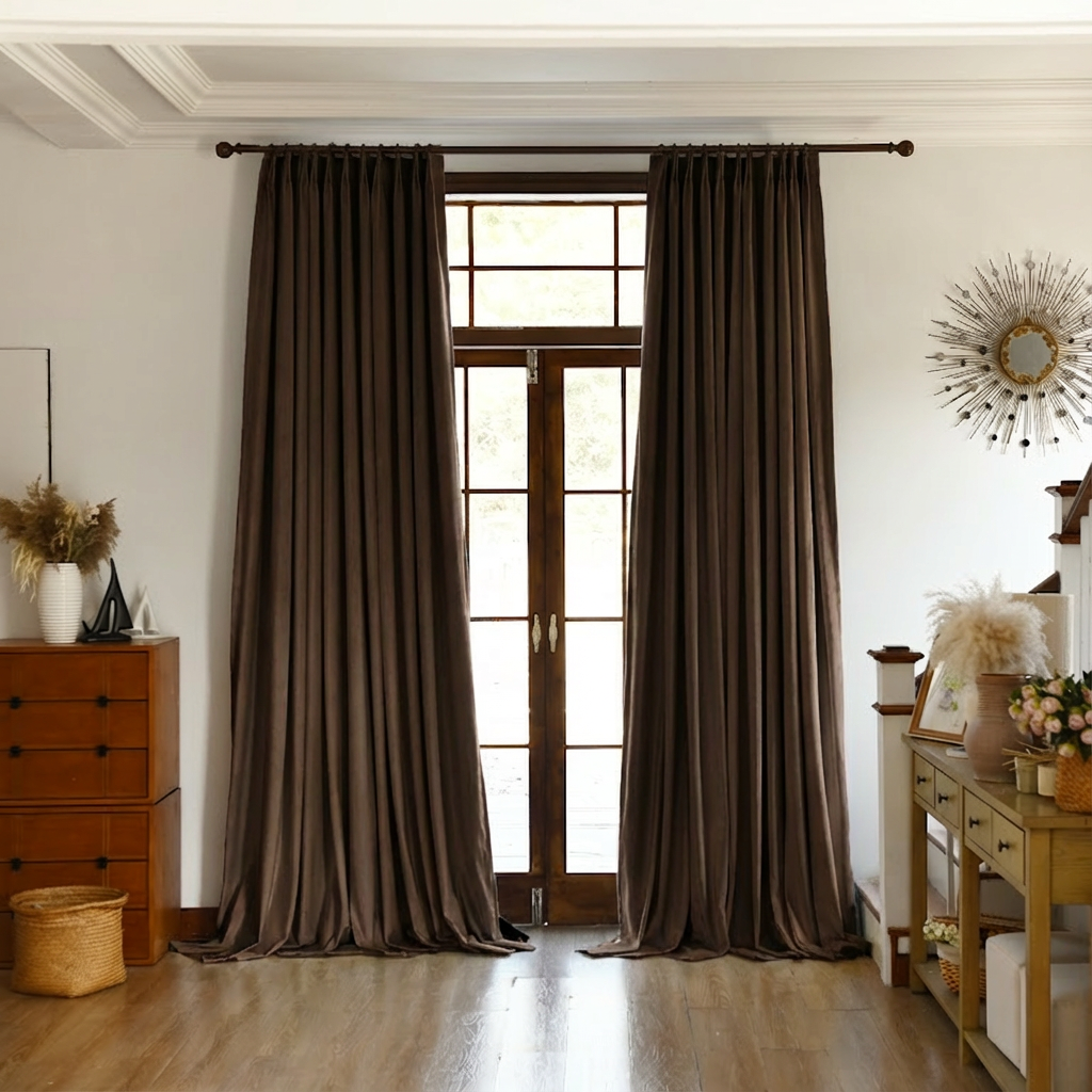 Dark brown custom premium velvet blackout curtains from DWCN Official hanging on a window, showcasing luxurious fabric and full coverage.