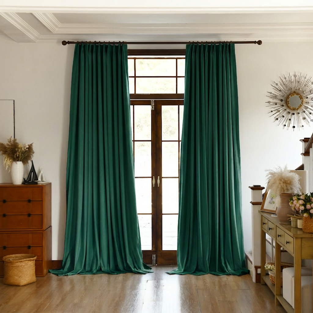 Dark green custom premium velvet blackout curtains by DWCN Official, showcasing thick fabric and elegant drape for light blocking.