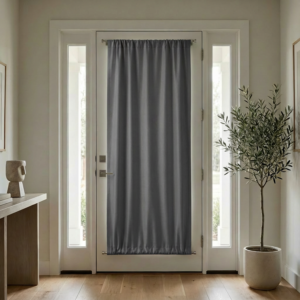 Dark grey luxury silk-fiber French door blackout curtains by DWCN Official, showing their elegant fabric and full-length design
