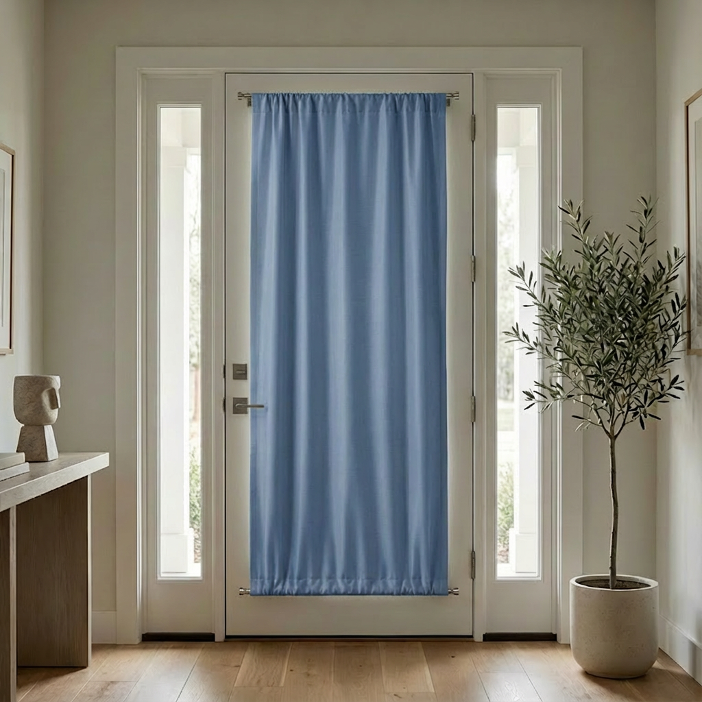 Dusty blue DWCN Official luxury silk-fiber French door blackout curtains hanging in a room, showcasing elegant design and blackout fabric
