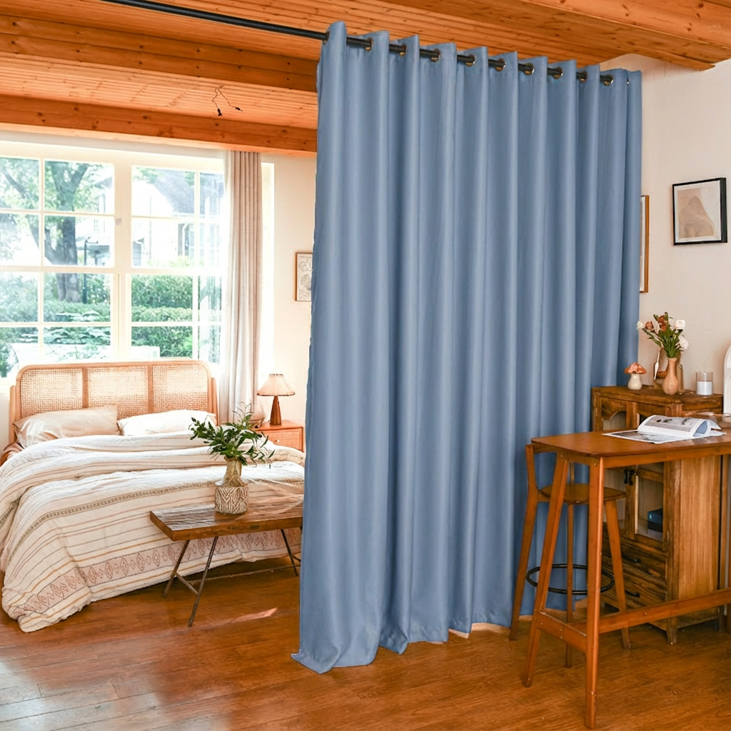 Dusty blue custom luxury silk fibers blackout room divider curtains by DWCN Official, showcasing smooth fabric and elegant design.