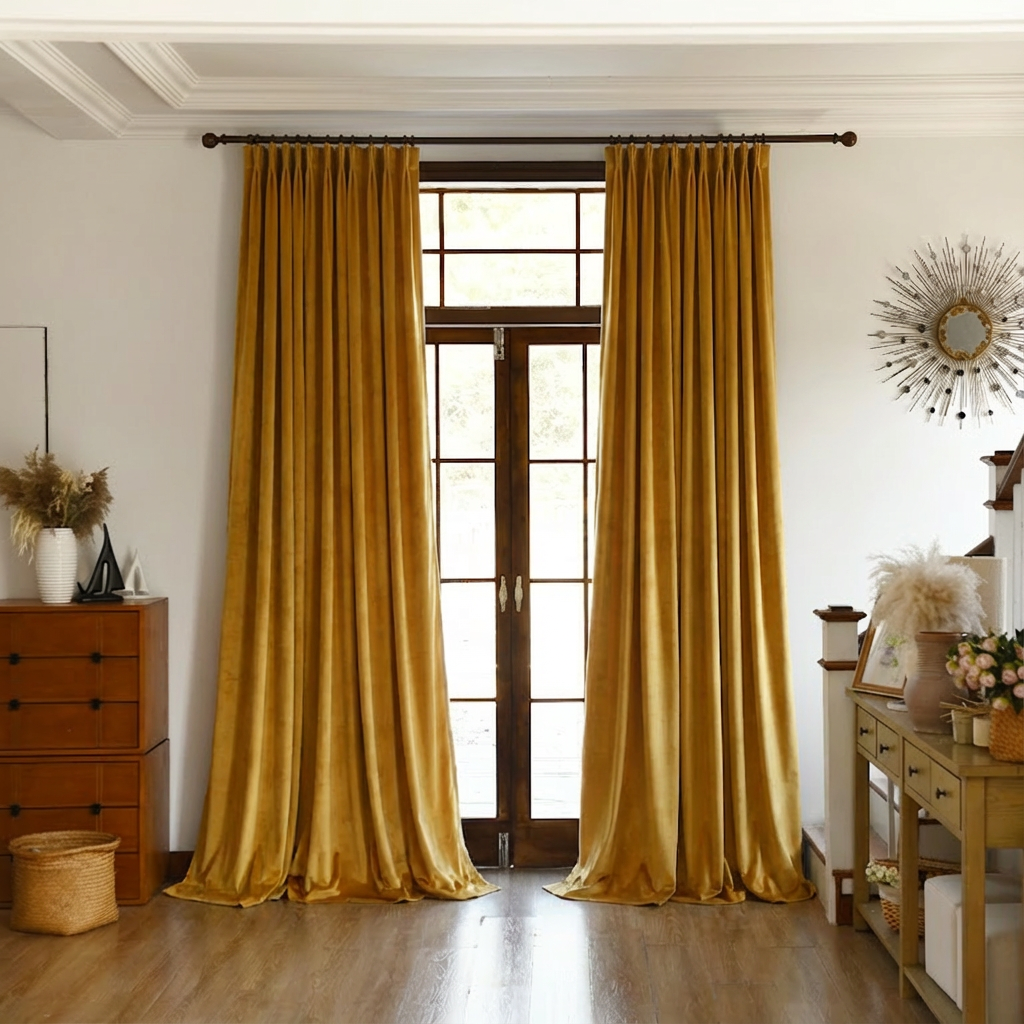 Gold decorative accents on custom premium velvet blackout curtains from DWCN Official for stylish window coverage.