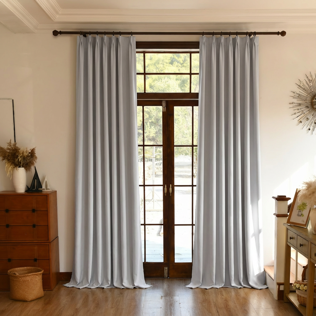 Grayish white DWCN Official Custom Total Blackout Silk-Fiber Curtains hanging smoothly in a window, showcasing luxurious fabric and full coverage.