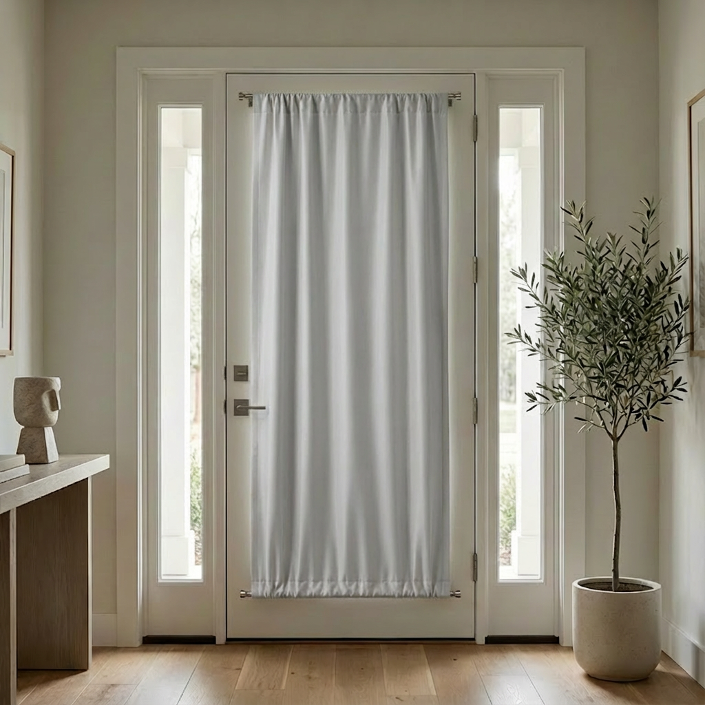 Greyish white luxury silk-fiber French door blackout curtains by DWCN Official, offering elegant light blocking and privacy.