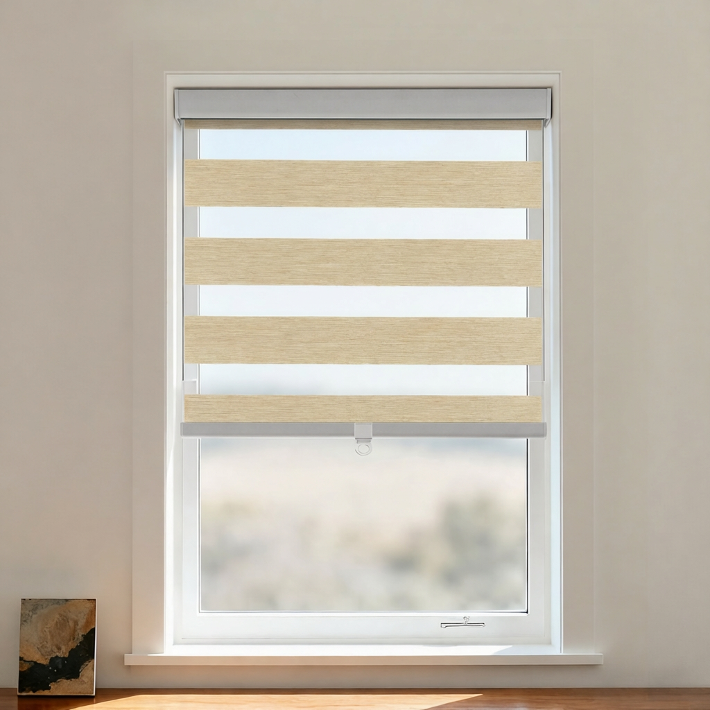 Hillary Blackout Zebra Shade Cordless by DWCN Official, showing black and white striped zebra pattern window blind with smooth cordless operation.