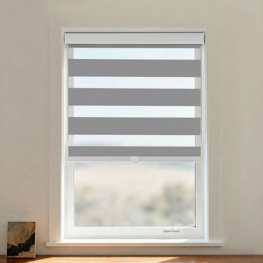 Hillary Blackout Zebra Shade by DWCN Official, cordless window treatment with black and white zebra pattern, hanging in a room.