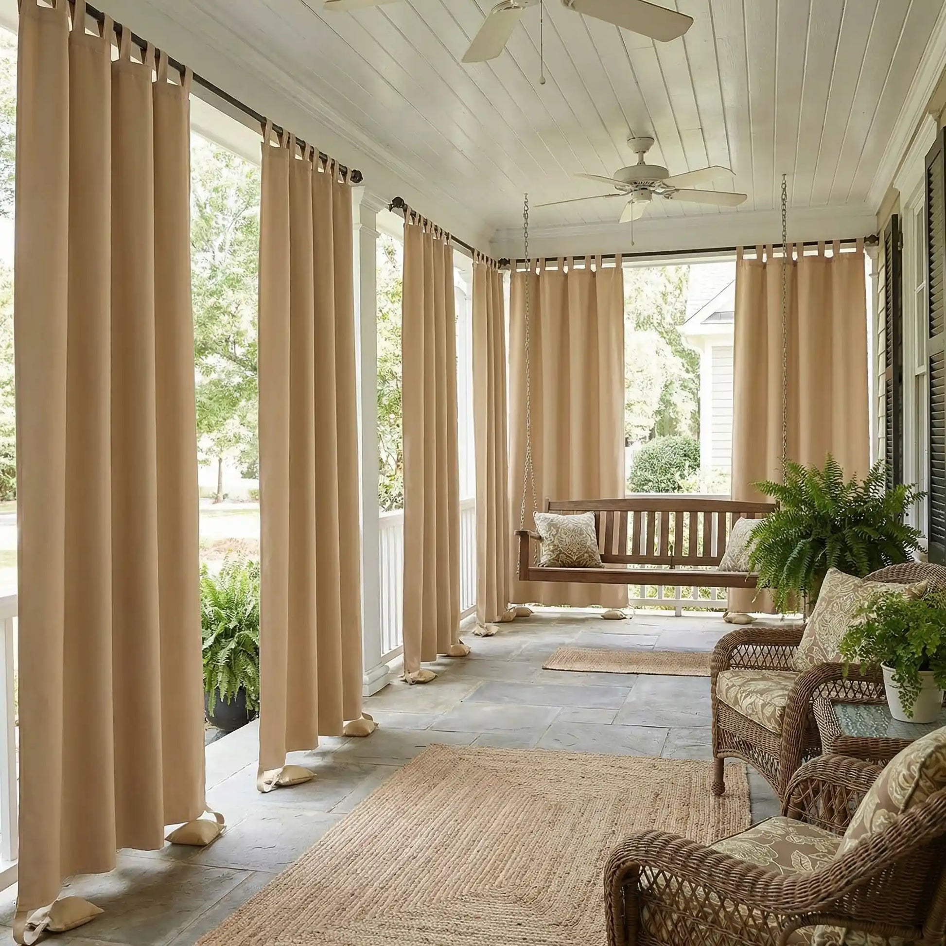 DWCN outdoor curtain with tab top and weighted bottom, windproof and waterproof for outdoor patio or garden protection.