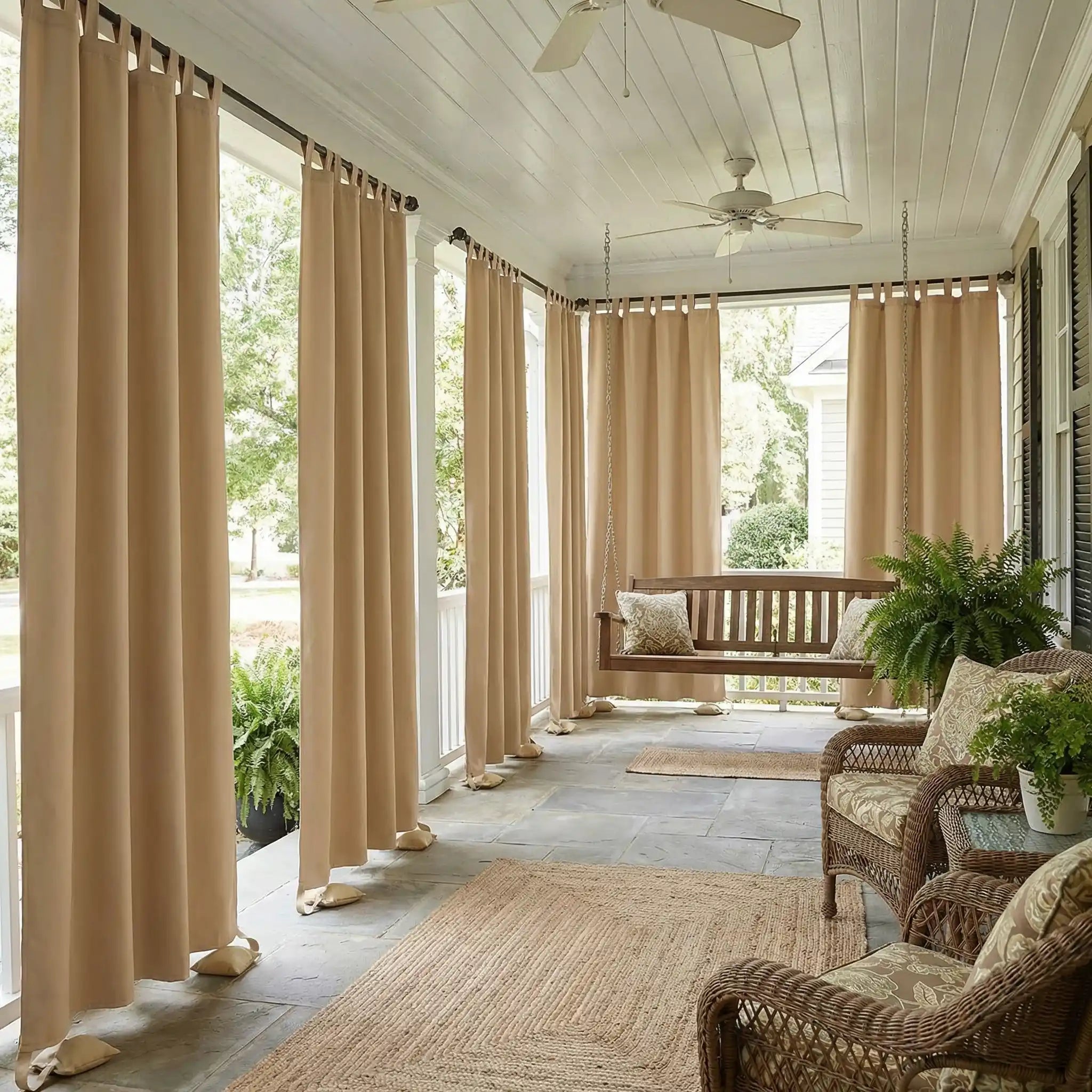 DWCN outdoor curtain with tab top and weighted bottom, windproof and waterproof for outdoor patio or garden protection.