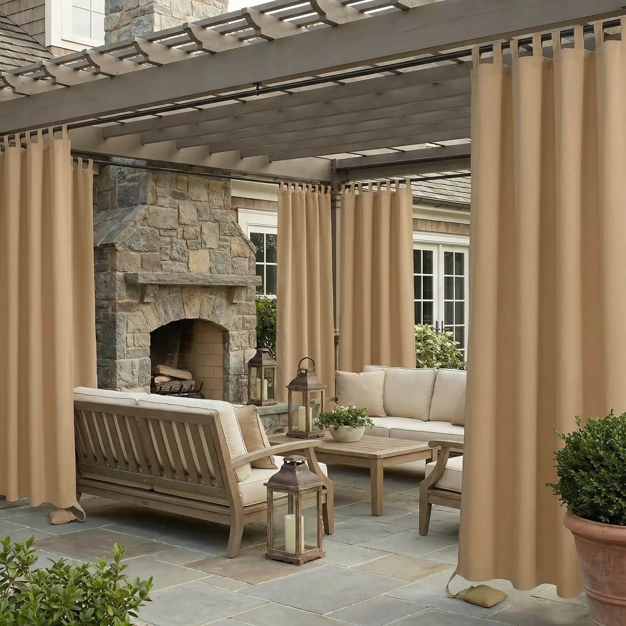 DWCN Official tab top outdoor curtain with weighted bottom, windproof and waterproof fabric, ideal for outdoor privacy and weather resistance.