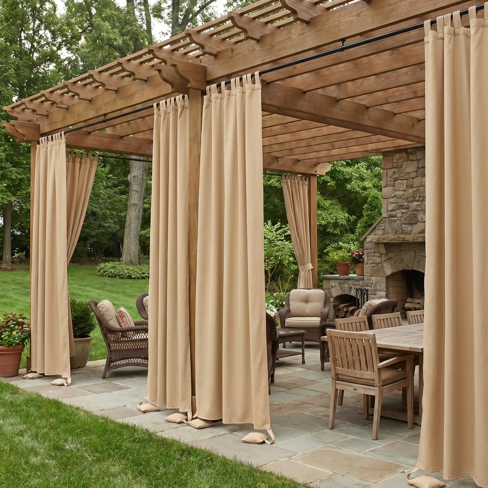Waterproof outdoor curtain by DWCN Official with tab top and weighted bottom, windproof design suitable for outdoor use.