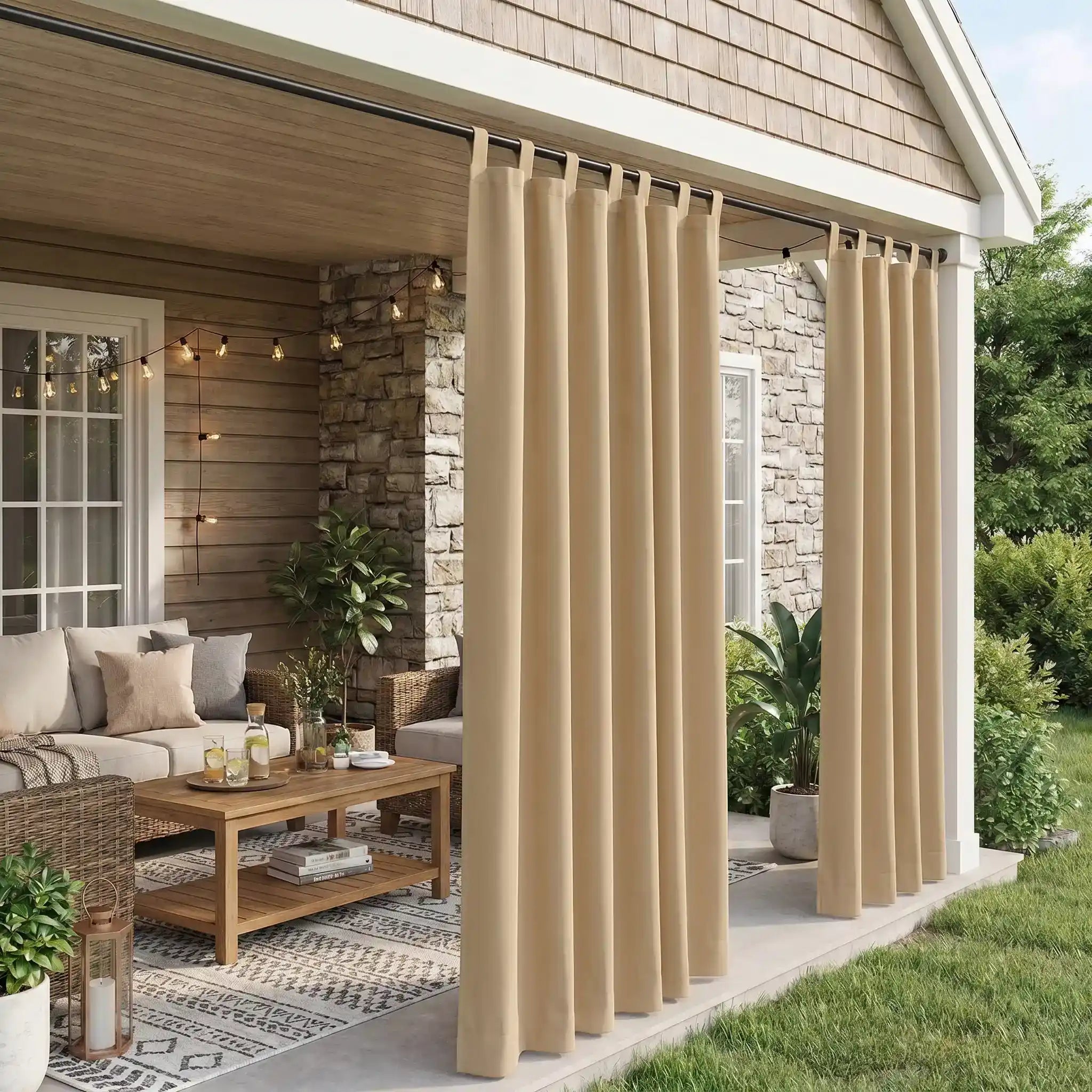 Waterproof outdoor curtain with tab top design by DWCN Official, ideal for patio or outdoor spaces.