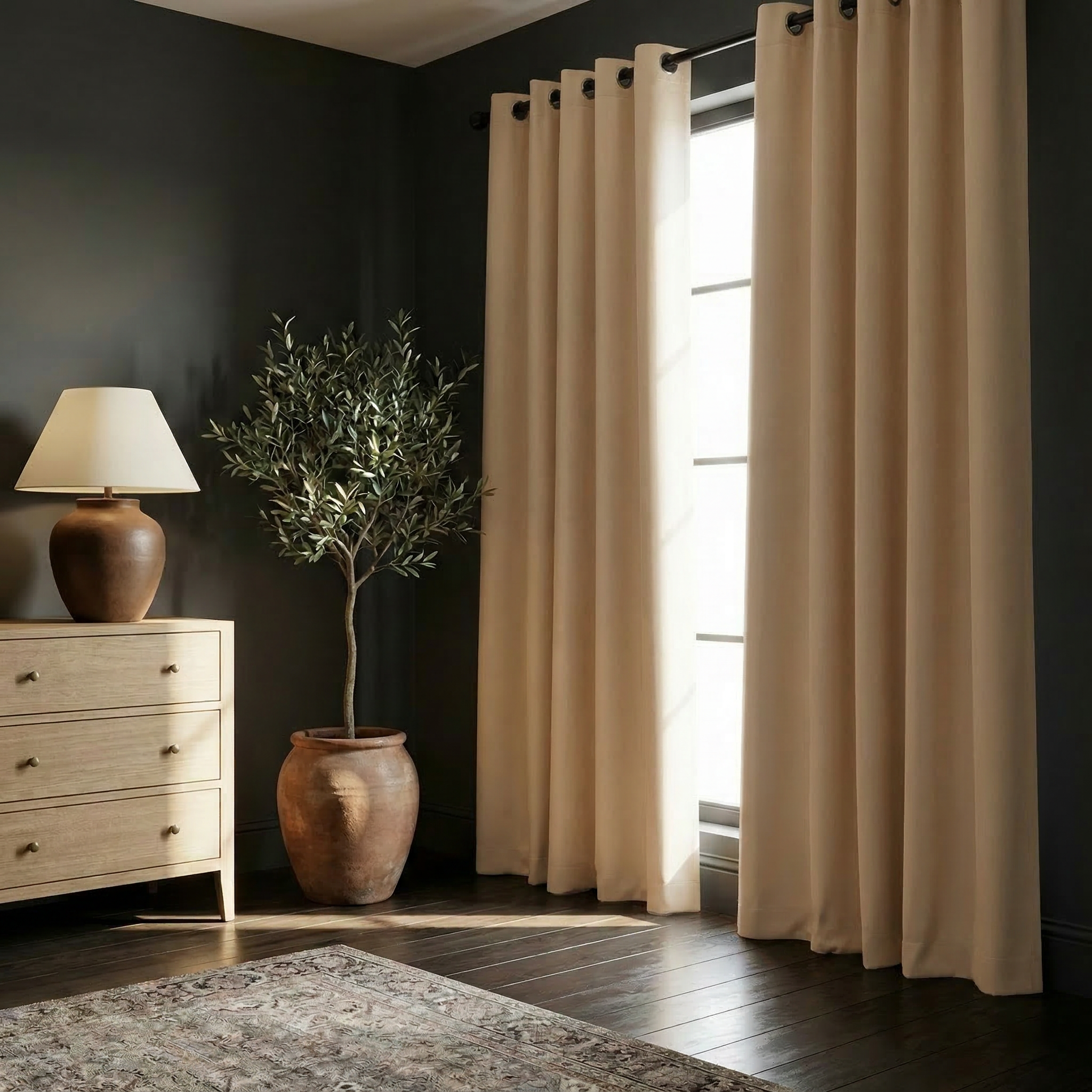 Black luxury silk-fiber blackout curtains by DWCN Official, featuring elegant fabric and tailored design for bedroom privacy.