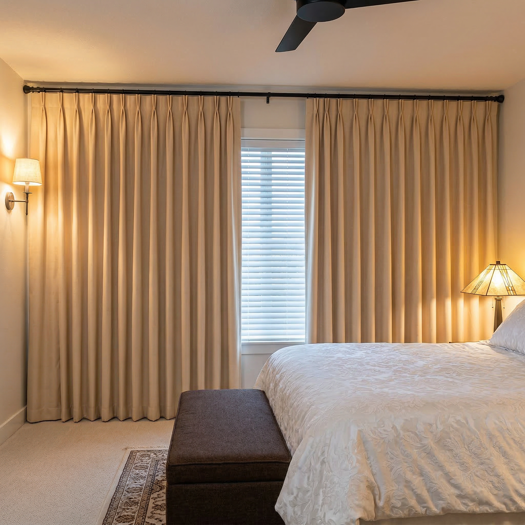 Black luxury silk-fiber blackout curtains by DWCN Official, showcasing a sleek, smooth fabric with a modern design for complete light blocking.
