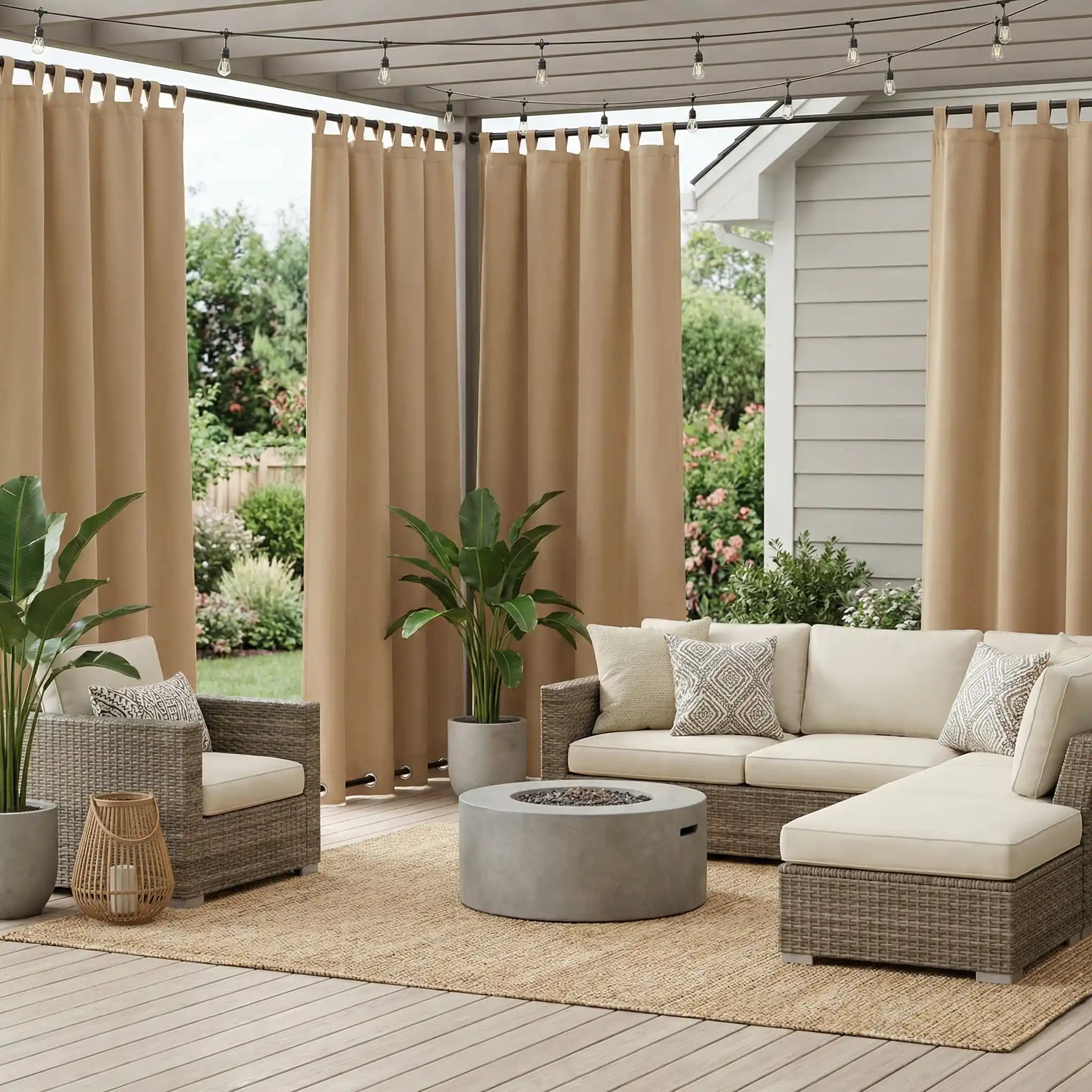 DWCN official outdoor curtains with tab top and grommet bottom, windproof and waterproof fabric, ideal for outdoor patio or garden.