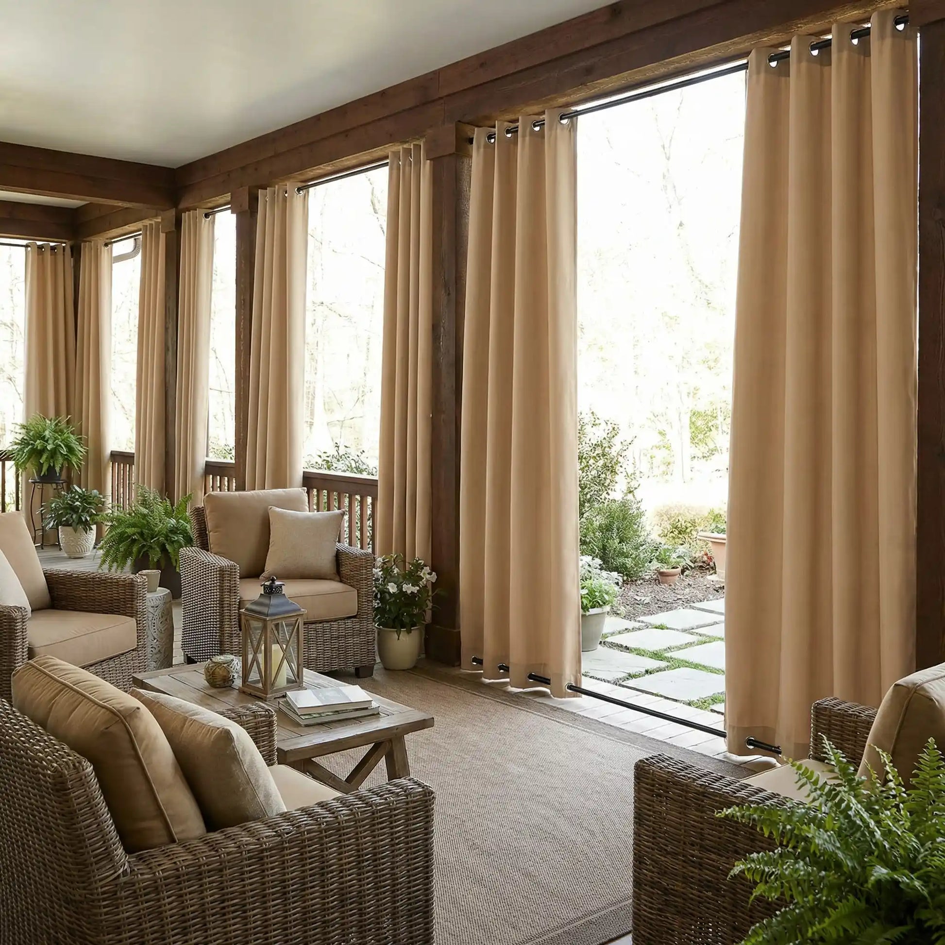 Outdoor waterproof curtains with tab top and grommet bottom, windproof design by DWCN Official, suitable for outdoor patio or balcony.