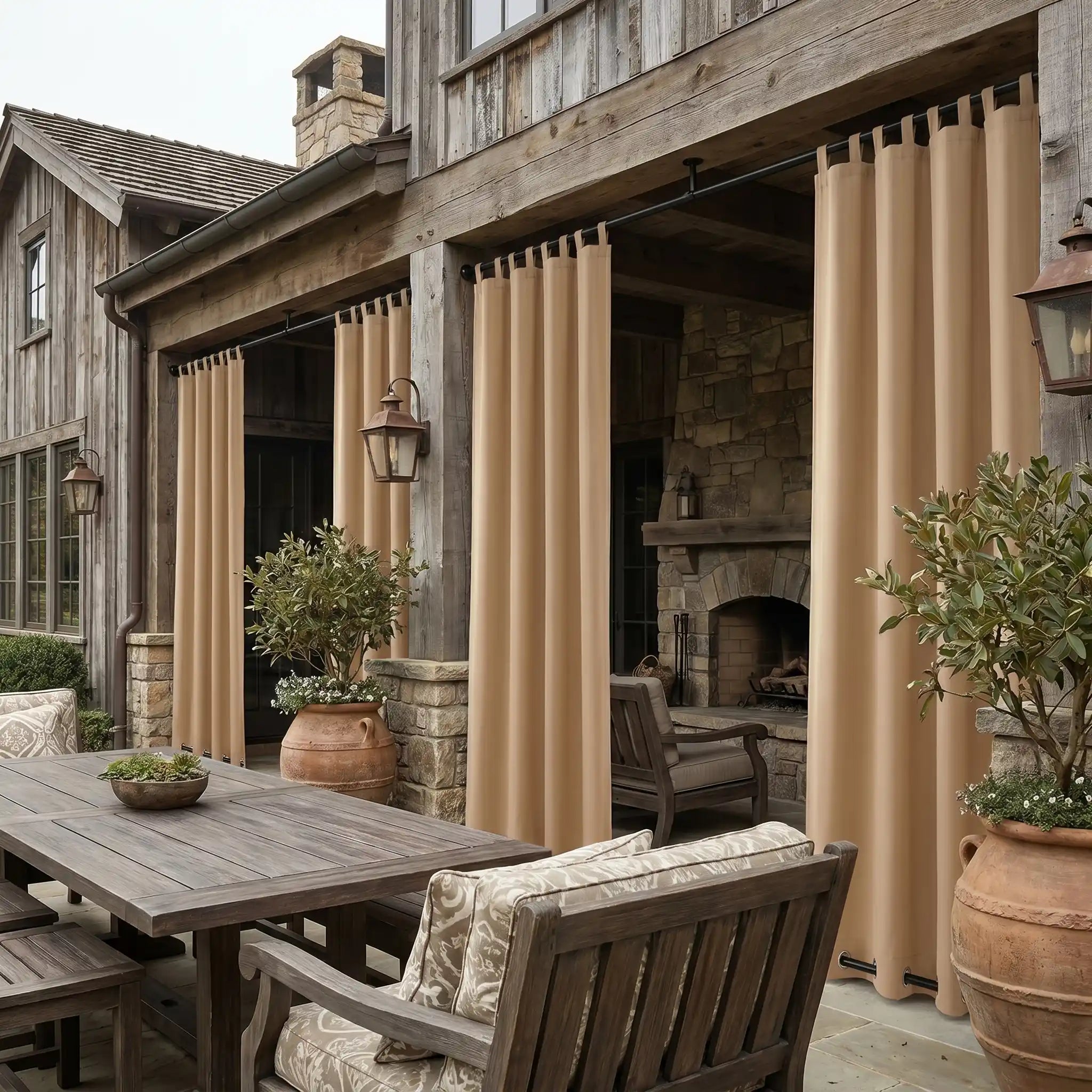 DWCN official outdoor curtains with tab top and grommet bottom, windproof and waterproof for patio or balcony use.
