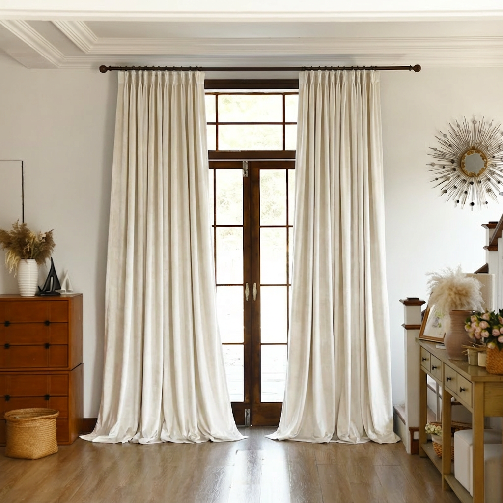 Ivory custom premium velvet blackout curtains by DWCN Official, showcasing elegant fabric and blackout lining for light control.
