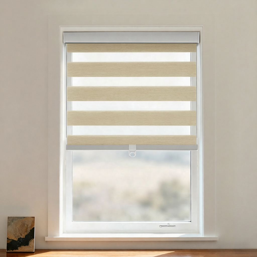 Blackout zebra shade by DWCN Official featuring cordless design, black and white zebra pattern for modern window decor.