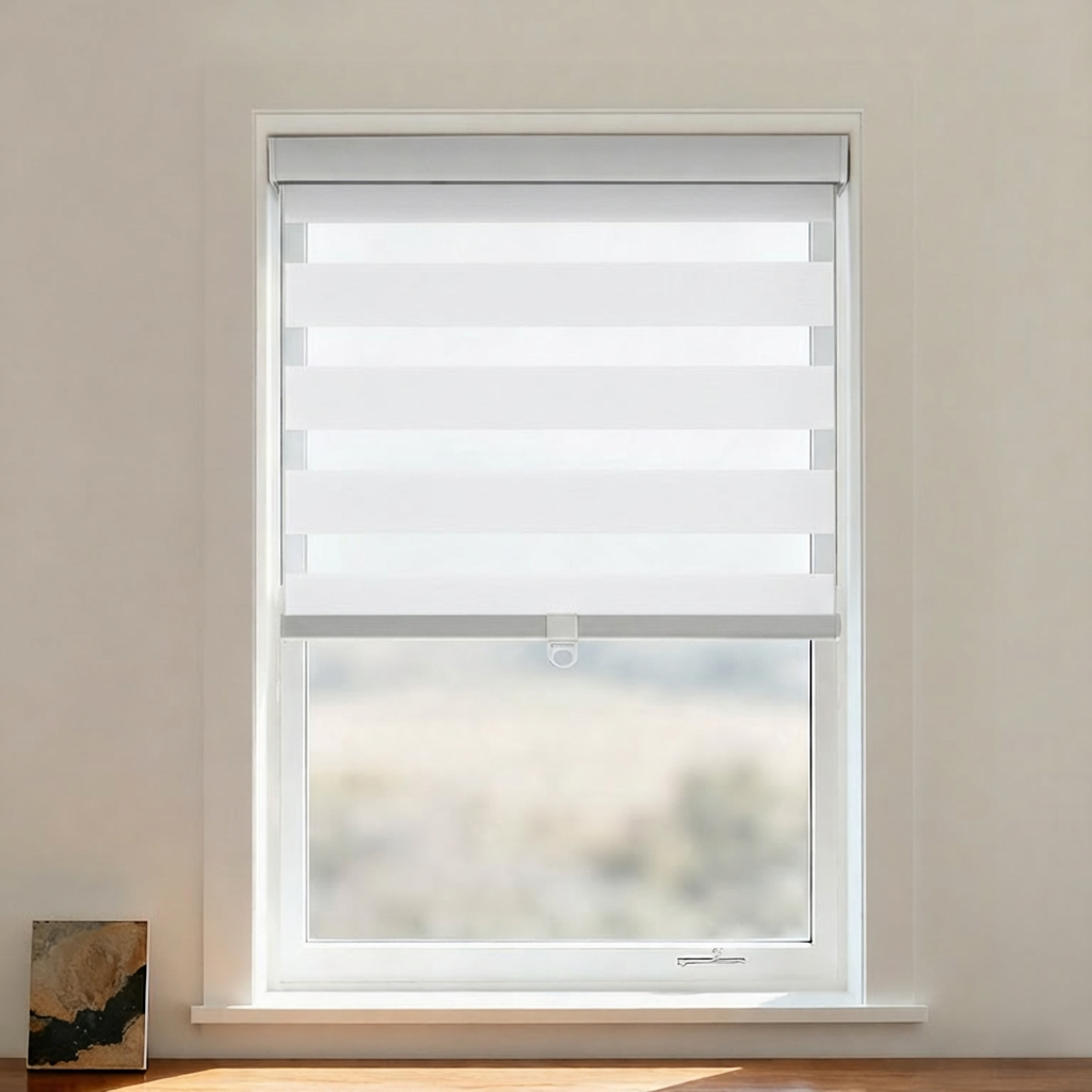 Blackout zebra shade by DWCN Official with cordless design, featuring black and white zebra pattern for light control and privacy.