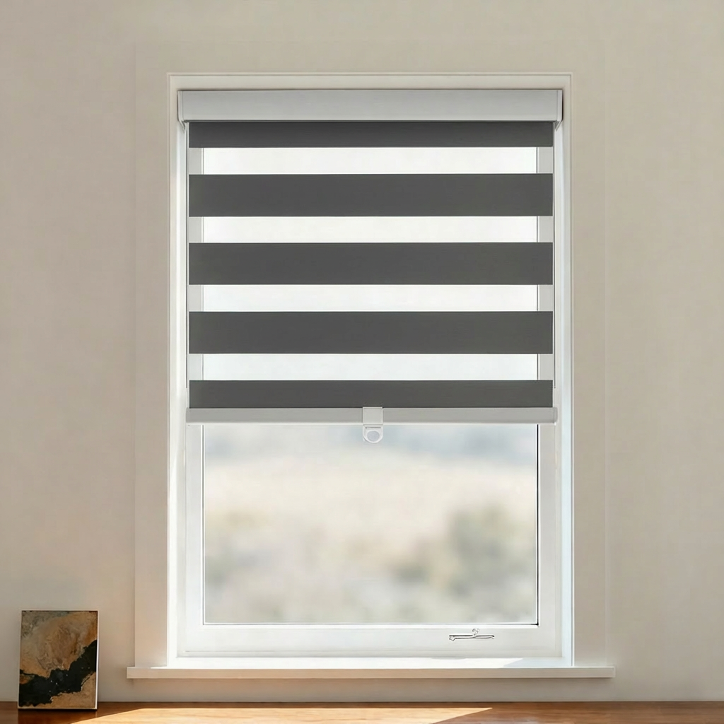 Kane Blackout Zebra Shade Cordless by DWCN Official, showing black and white zebra-patterned window shade with a sleek, modern design.