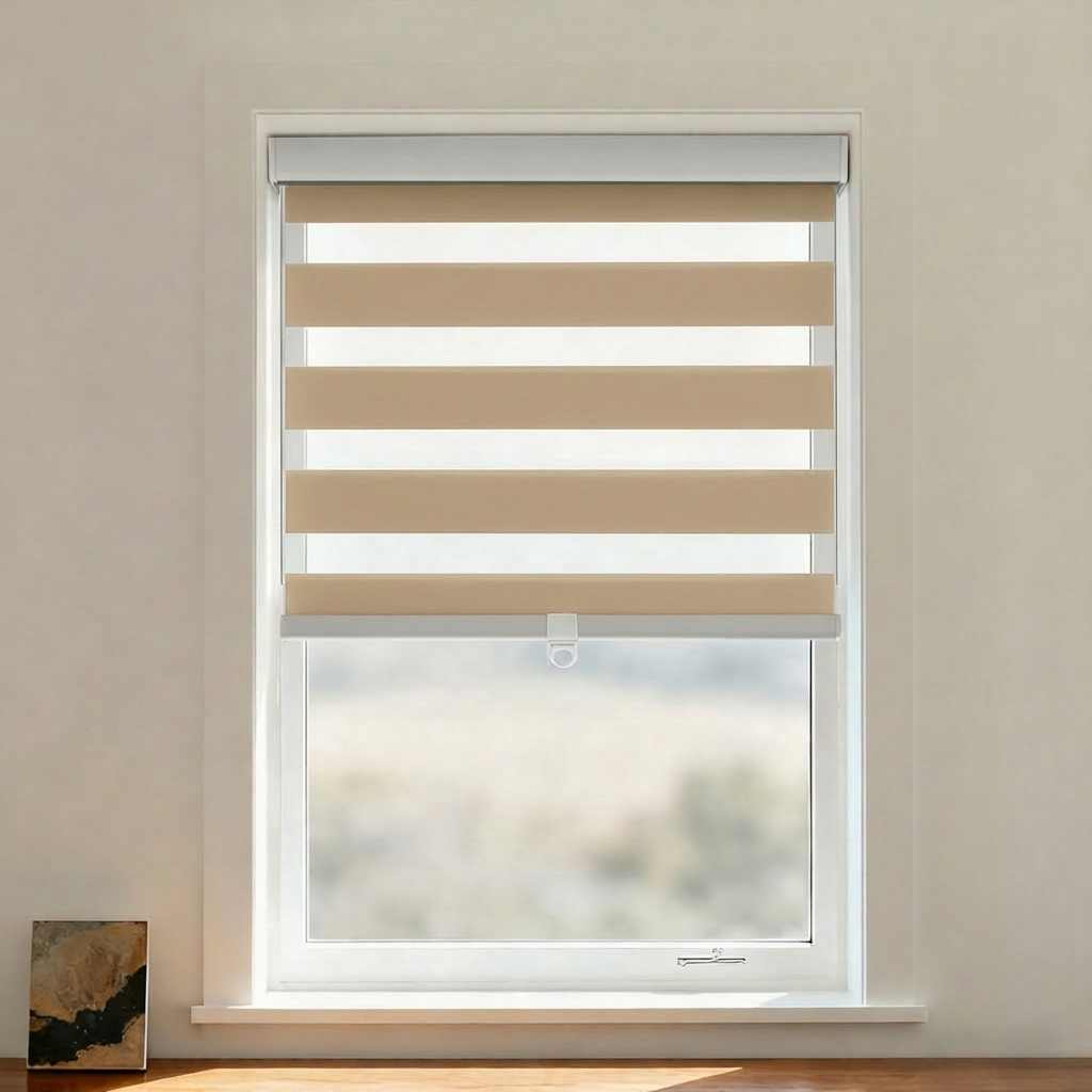Blackout zebra shade by DWCN Official featuring cordless design and black and white striped pattern, ideal for modern window decor.