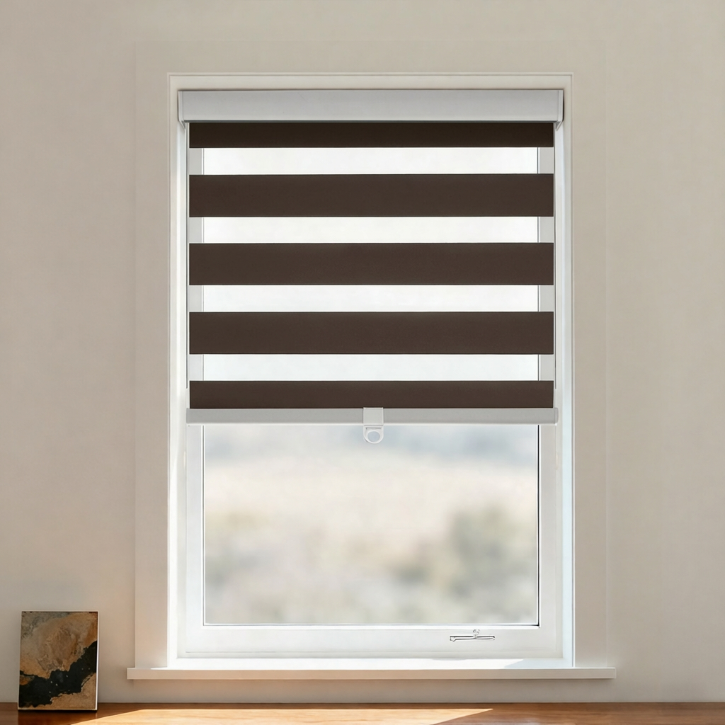 Blackout zebra shade by DWCN Official with cordless design, featuring black and white zebra stripe pattern for modern window decor.