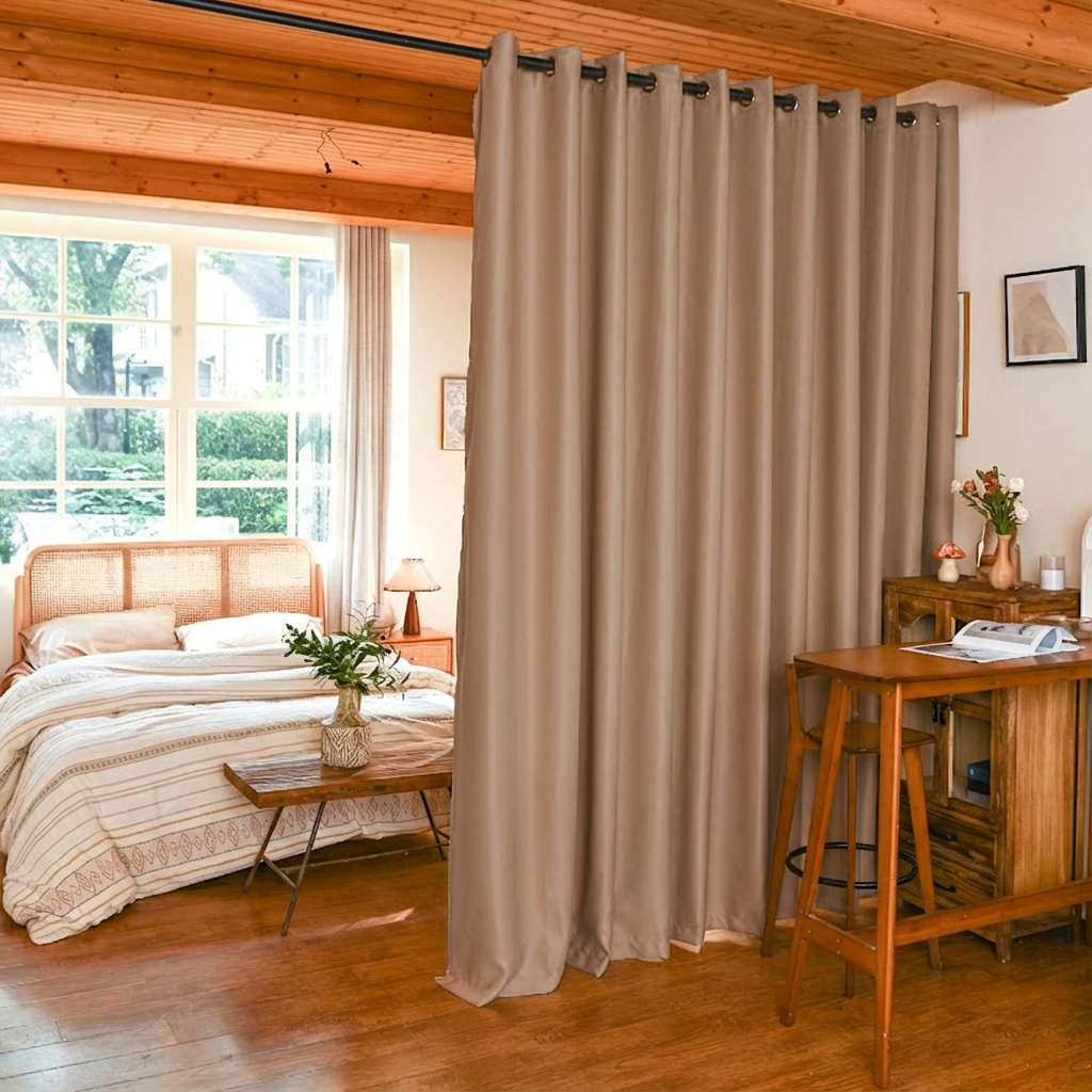 Khaki-colored custom luxury silk fibers blackout room divider curtains by DWCN Official, showcasing elegant fabric and stylish design.