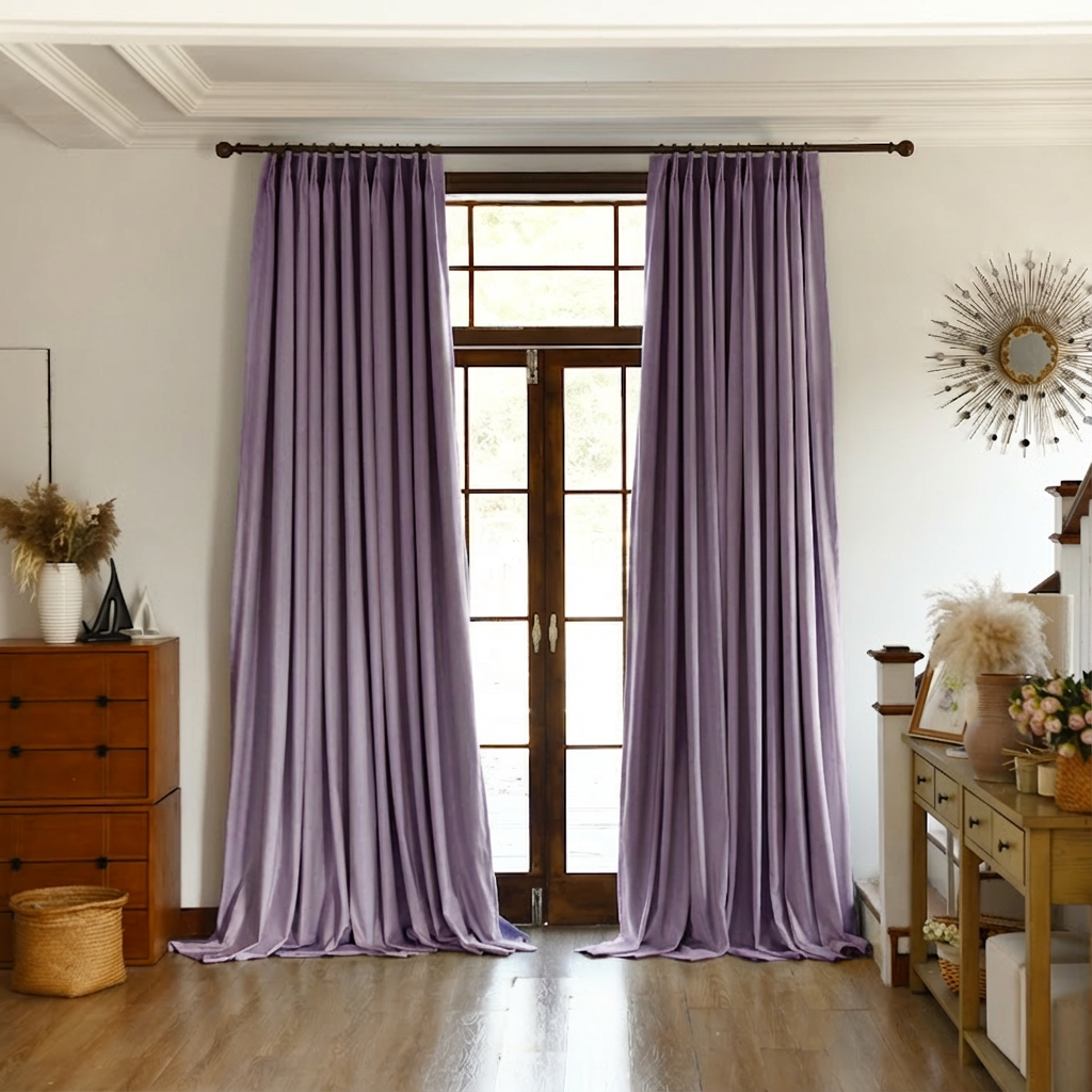 Lavender-colored custom premium velvet blackout curtains from DWCN Official hanging on a window, showcasing luxurious fabric and full coverage.
