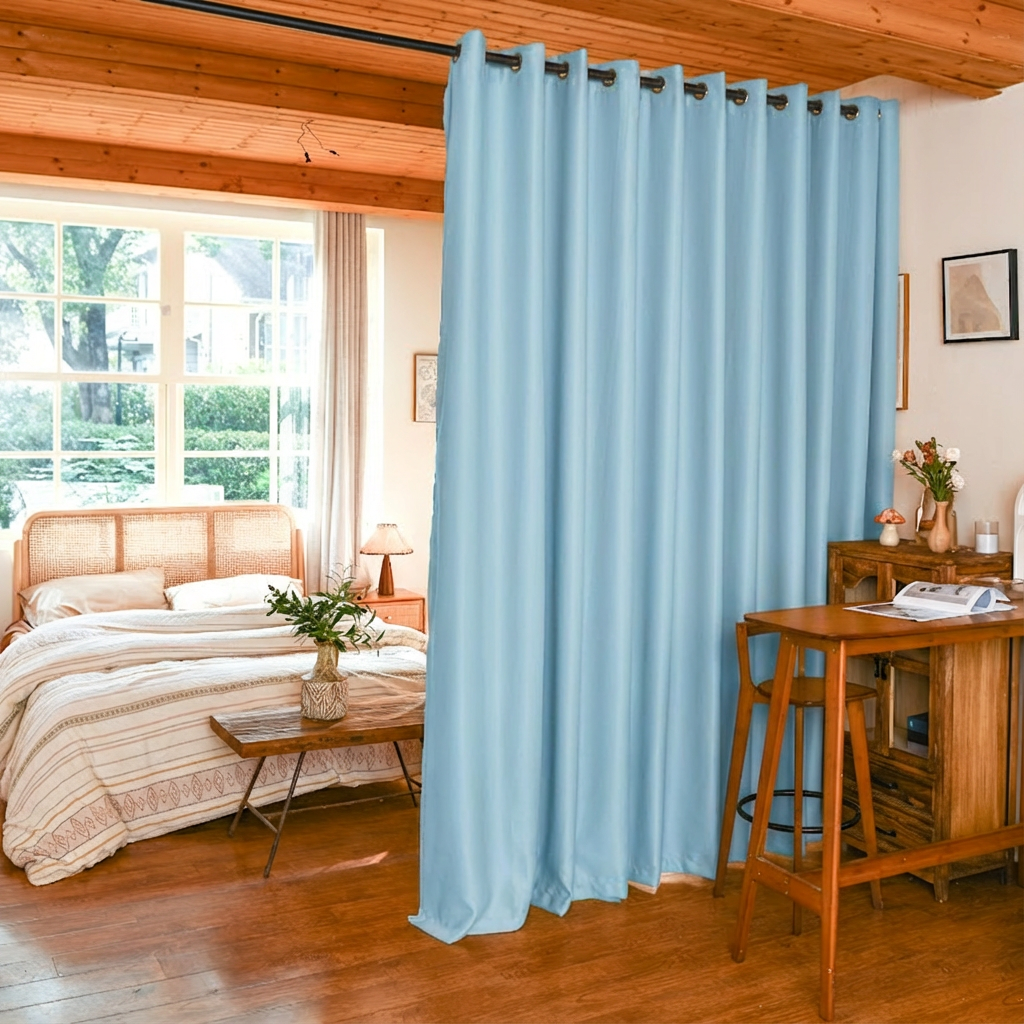 Light blue Custom Luxury Silk Fibers blackout room divider curtains by DWCN Official with elegant silk texture and modern design.