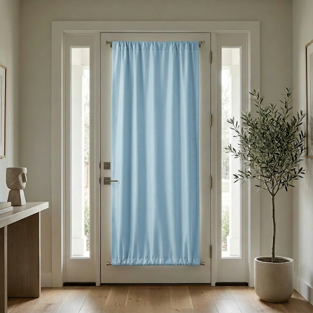 Light blue luxury silk-fiber French door blackout curtains by DWCN Official, showcasing elegant fabric and full coverage for privacy.