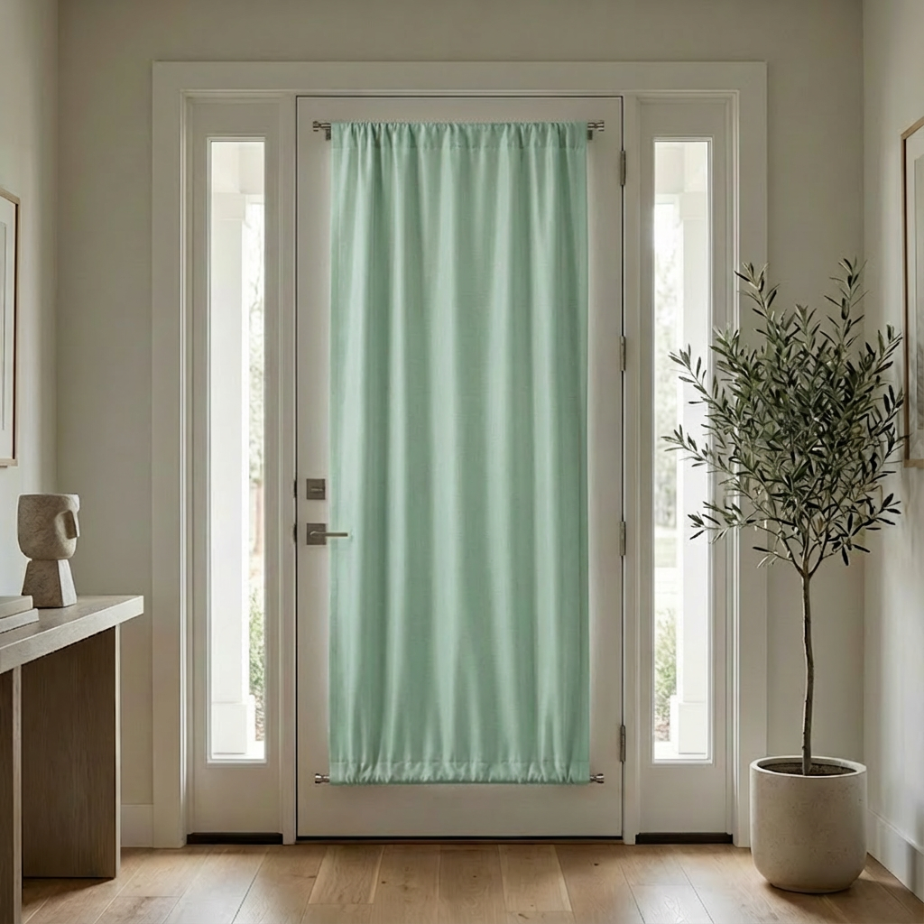 Light sage DWCN Official luxury silk-fiber French door blackout curtains with elegant texture and black-out lining.