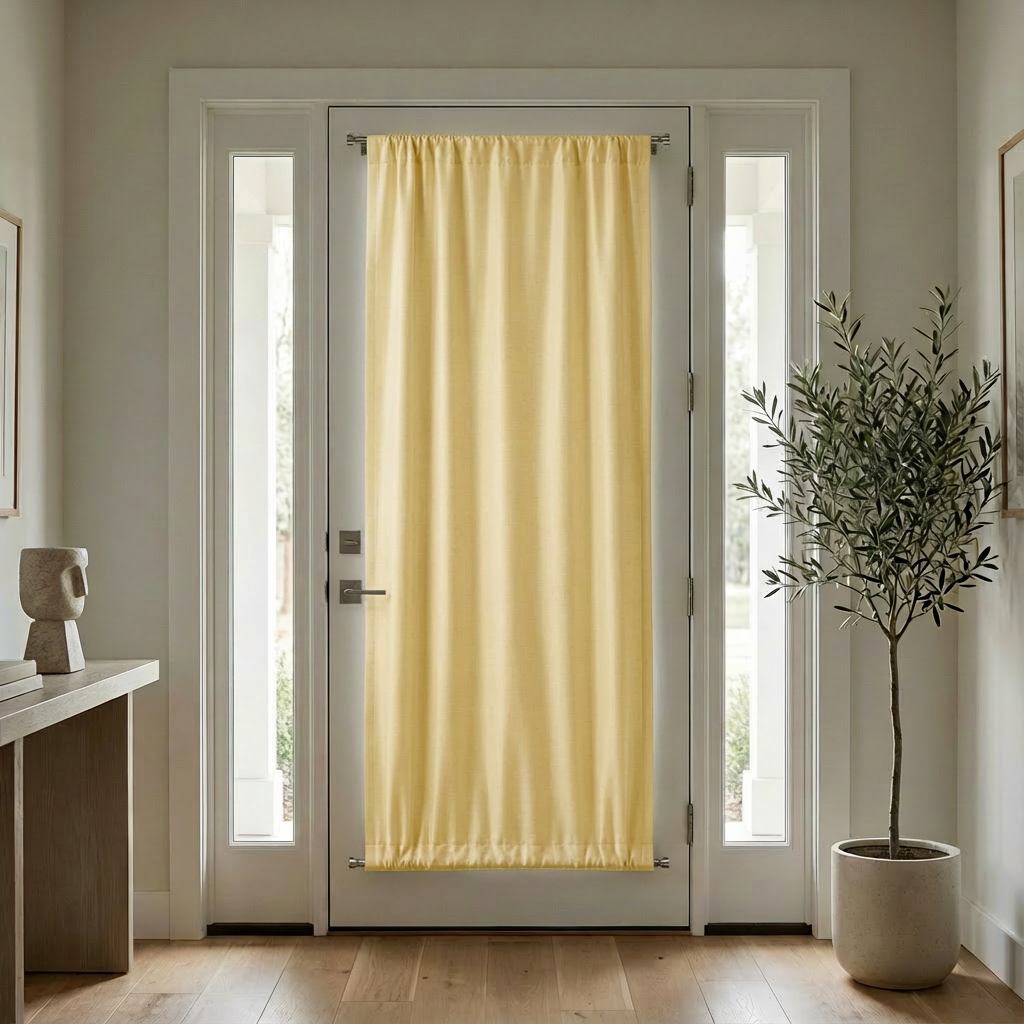 Light yellow custom luxury silk-fiber French door blackout curtains by DWCN Official, featuring elegant fabric and blackout lining.