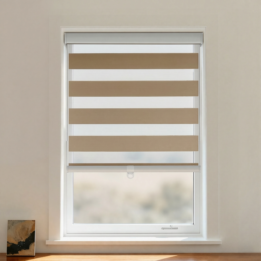 Dove Blackout Zebra Shade Cordless by DWCN Official showing the black and white zebra-striped fabric window shade in a rolled-up position