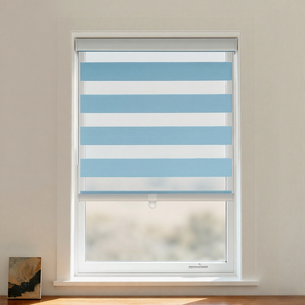 Dove Blackout Zebra Shade cordless window covering by DWCN Official with black and white zebra stripe pattern.