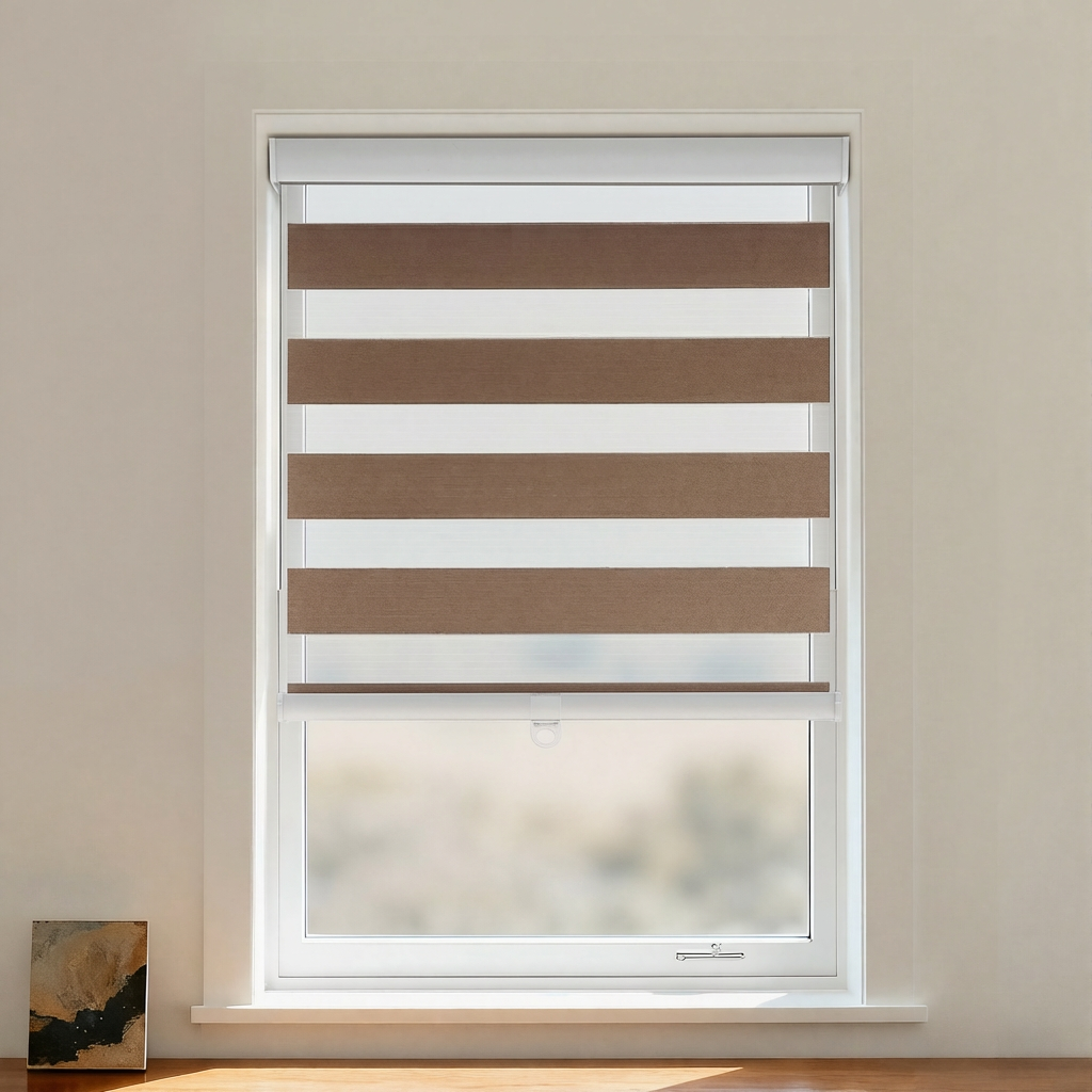 Dove Blackout Zebra Shade Cordless by DWCN Official, featuring black and white zebra pattern fabric for light control and privacy.